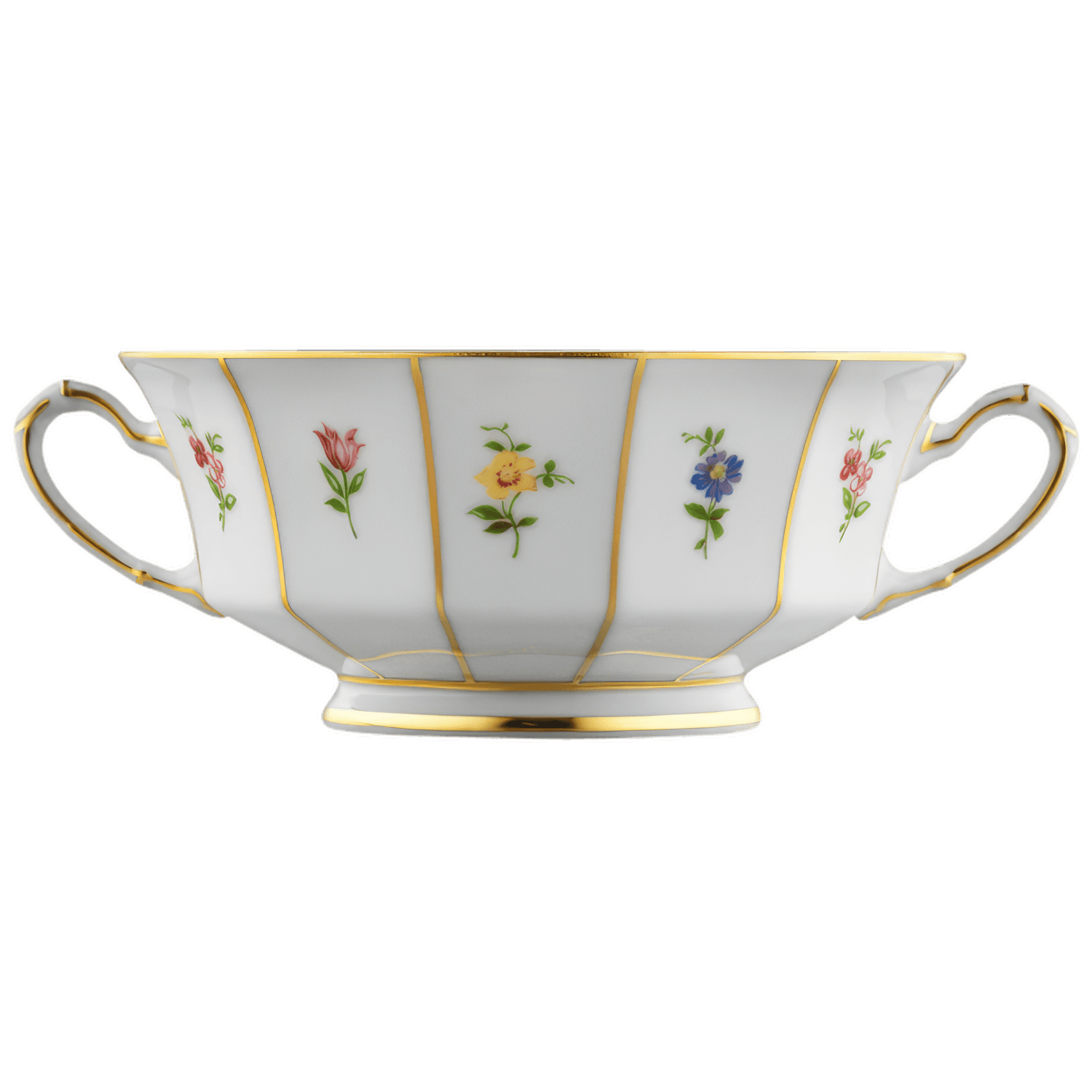 Weiße Porzellantasse mit zwei Griffen, verziert mit bunten Blumenmotiven und Goldrändern. Fürstenberg Porzellan.