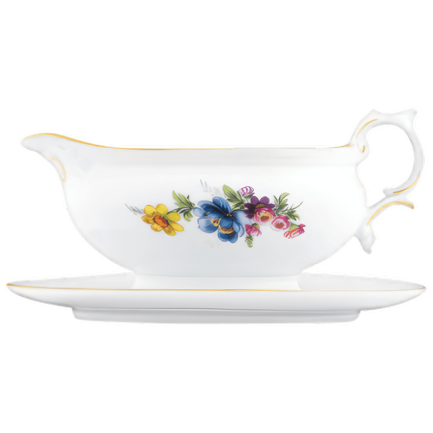 Weiße Porzellansauciere mit buntem Blumenmuster auf passendem Teller, dekorativer Griff. Fürstenberg Porzellan.