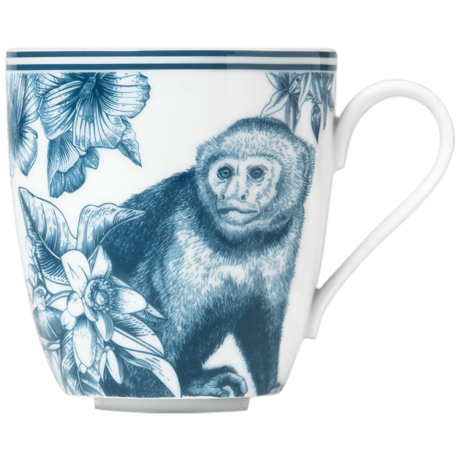 Tasse mit Affenmotiv und Blumen, blaue Farbe, elegantes Porzellan. Fürstenberg Porzellan.