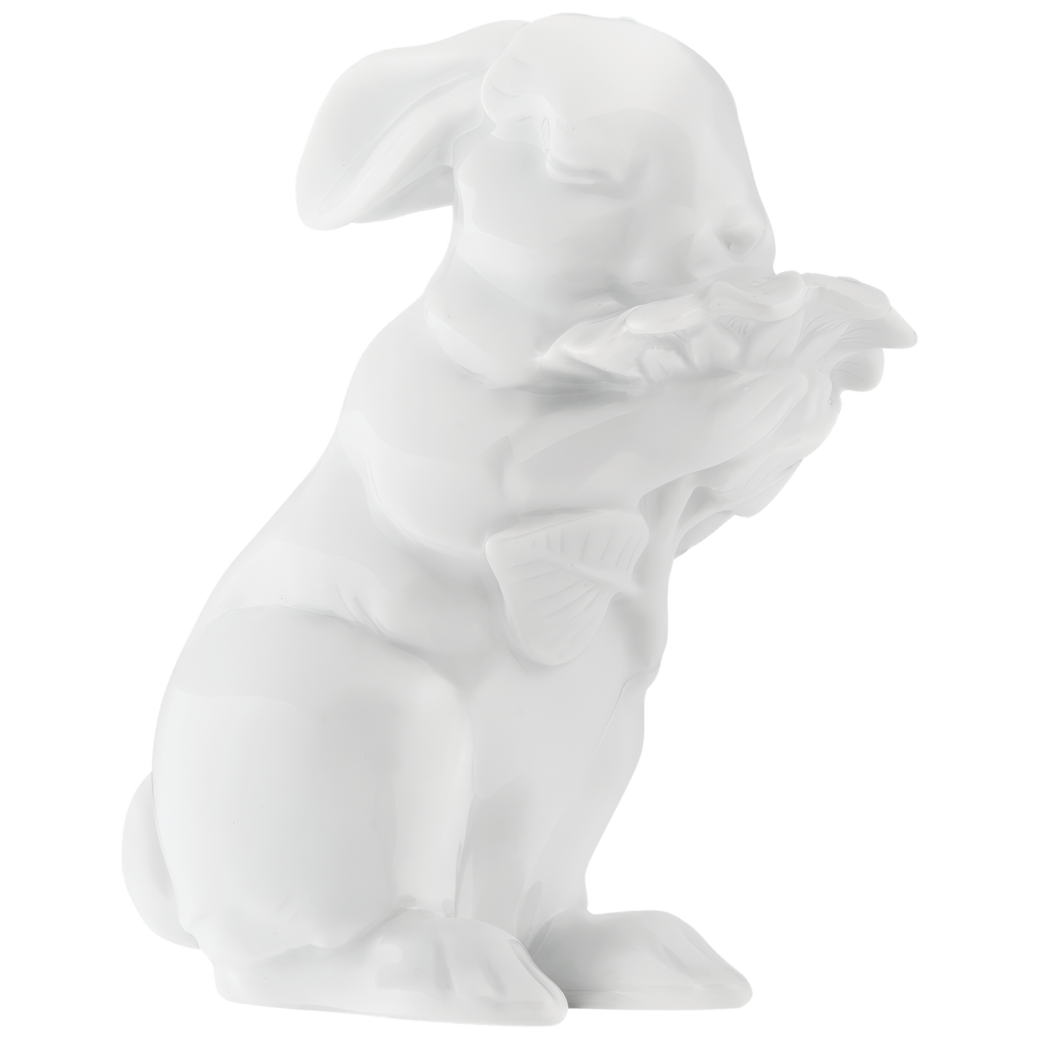 Weiße Hasenfigur hält Blume im Maul, sitzt aufrecht. Fürstenberg Porzellan.