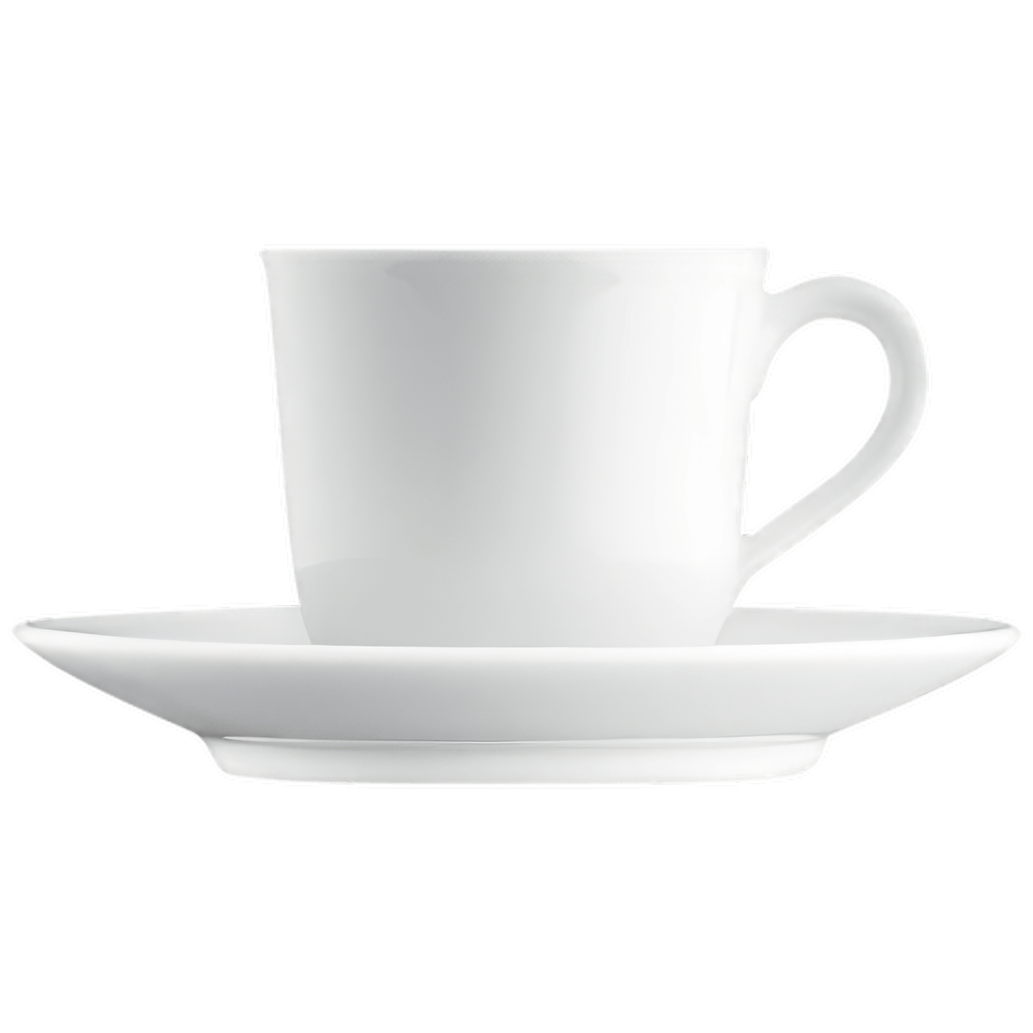 Weiße Teetasse steht auf passender Untertasse, minimalistisch, vor schwarzem Hintergrund. Fürstenberg Porzellan.
