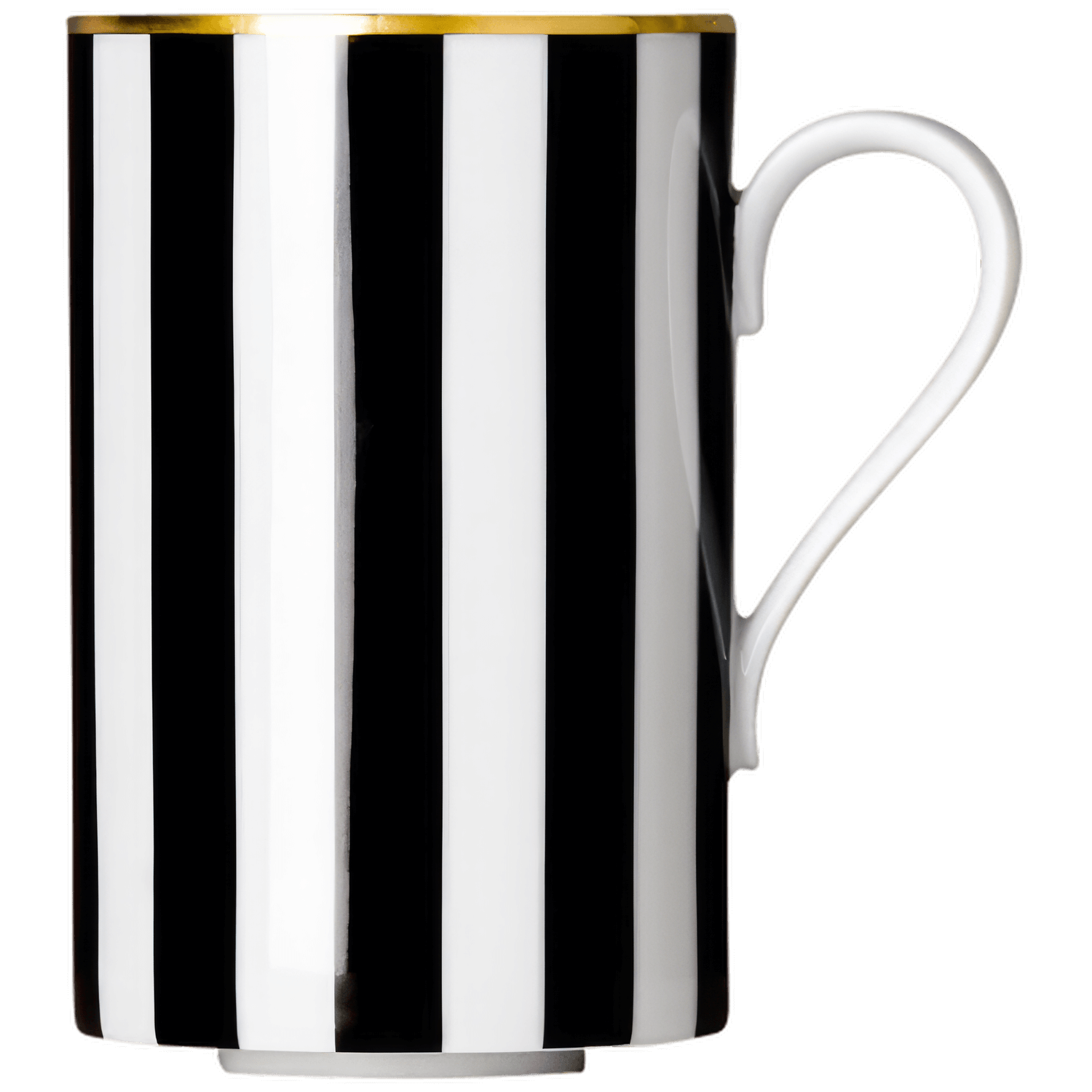 Tasse mit schwarzen und weißen Streifen, goldener Rand, filigraner Henkel. Fürstenberg Porzellan.