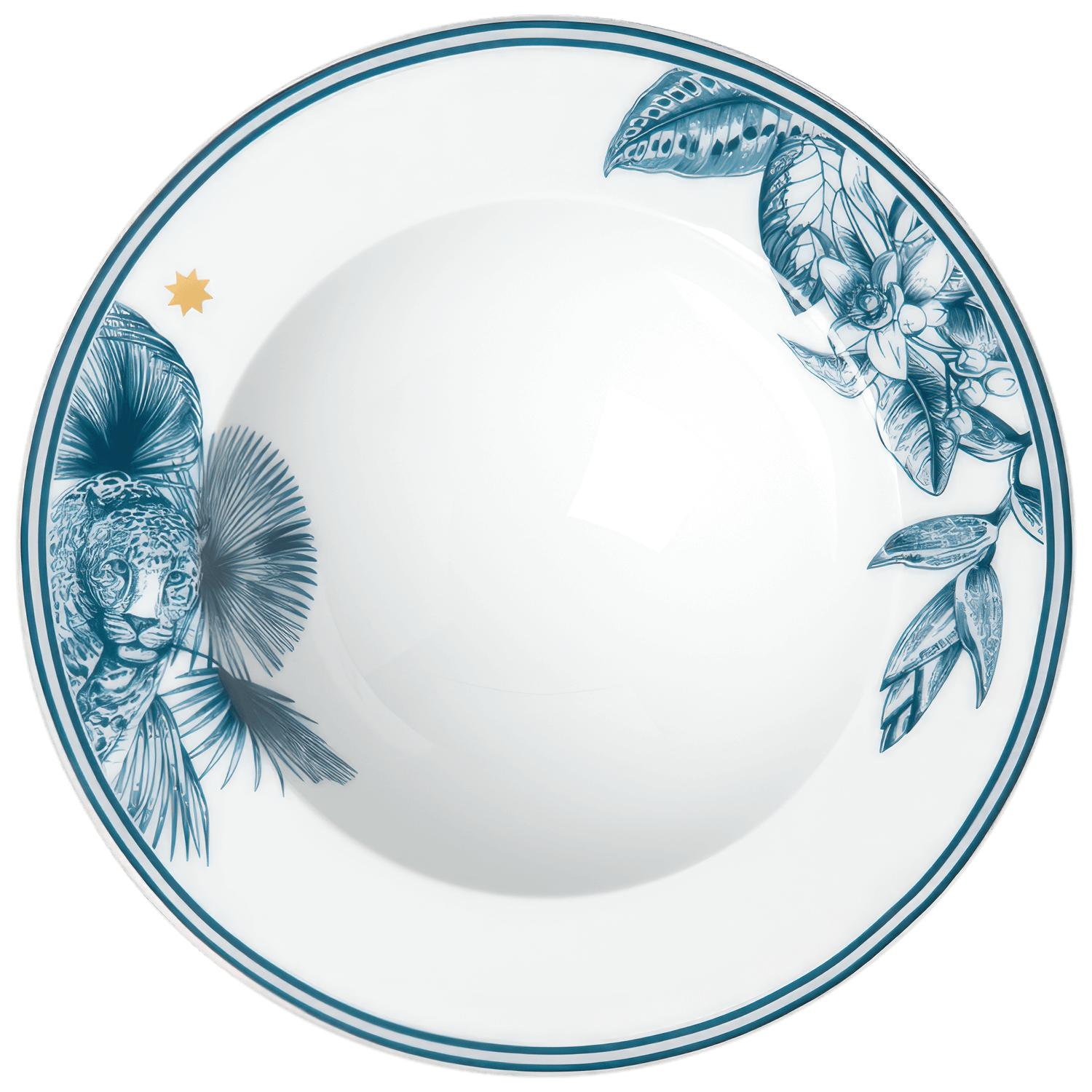 Tiefer Teller mit blauen Blättern, Blumen und Leopardenkopf verziert. Fürstenberg Porzellan.