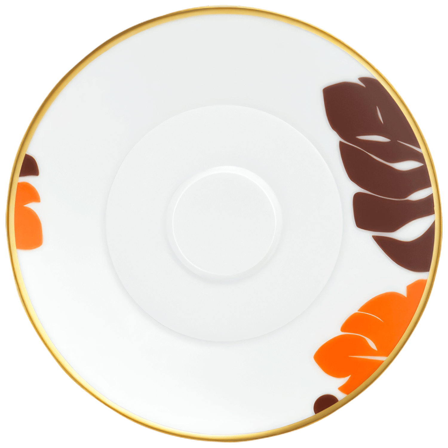 Porzellanuntertasse mit goldener Kante, orange-braunes Blattmuster, dekorativer Stil. Fürstenberg Porzellan.