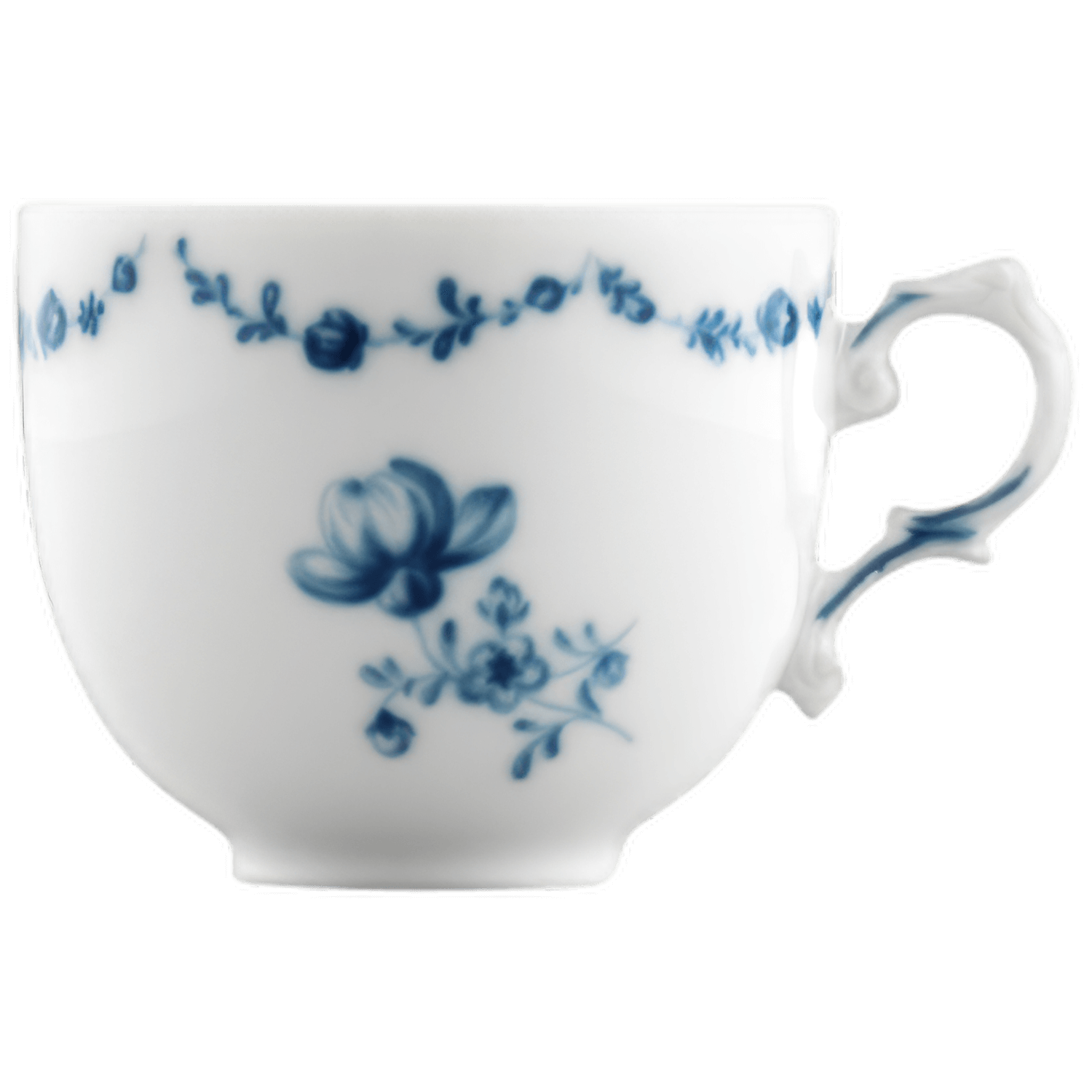 Weiße Tasse mit blauen Blumenmustern, geschwungenem Henkel. Fürstenberg Porzellan.