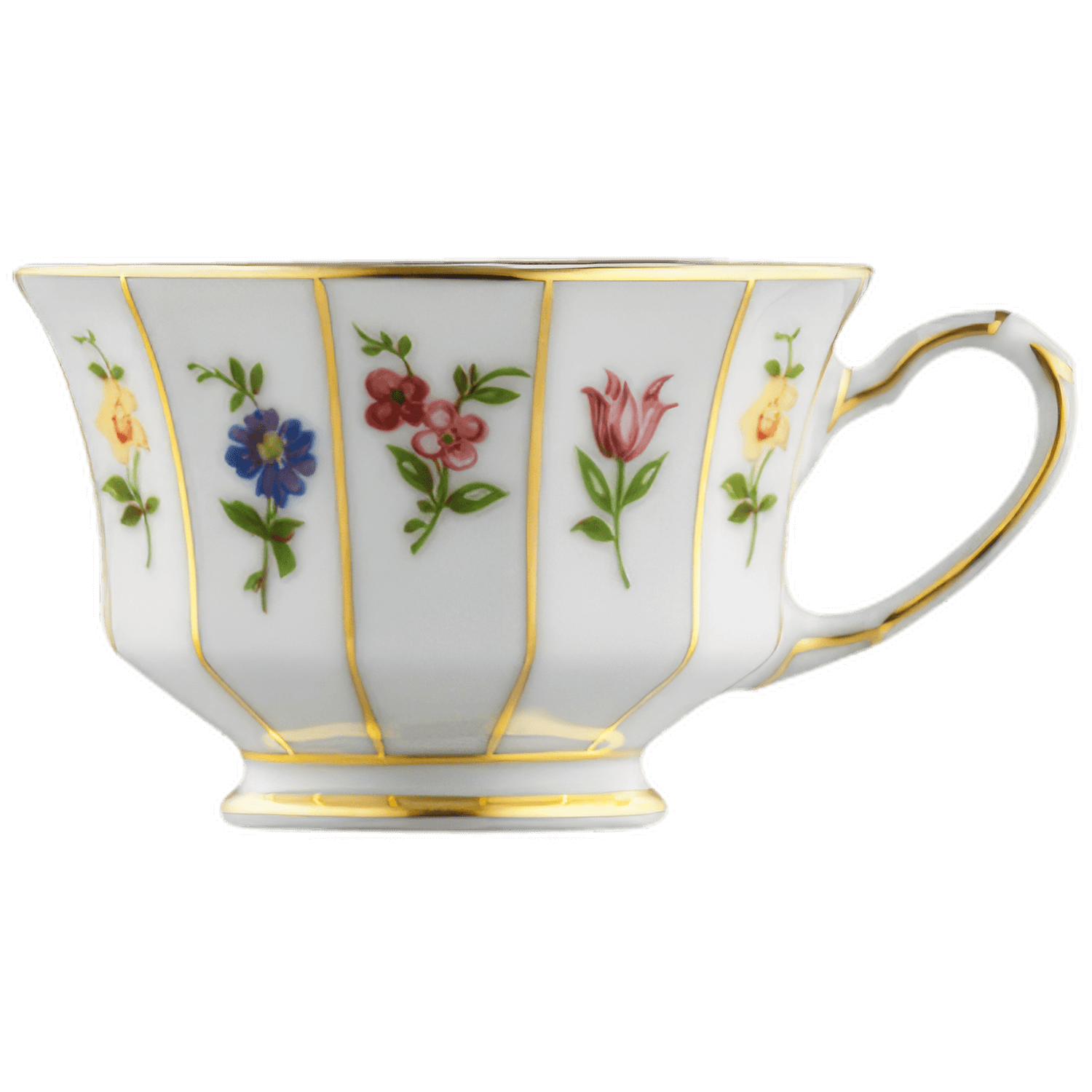 Weiße Tasse mit Blumenmuster und goldenen Details. Fürstenberg Porzellan.