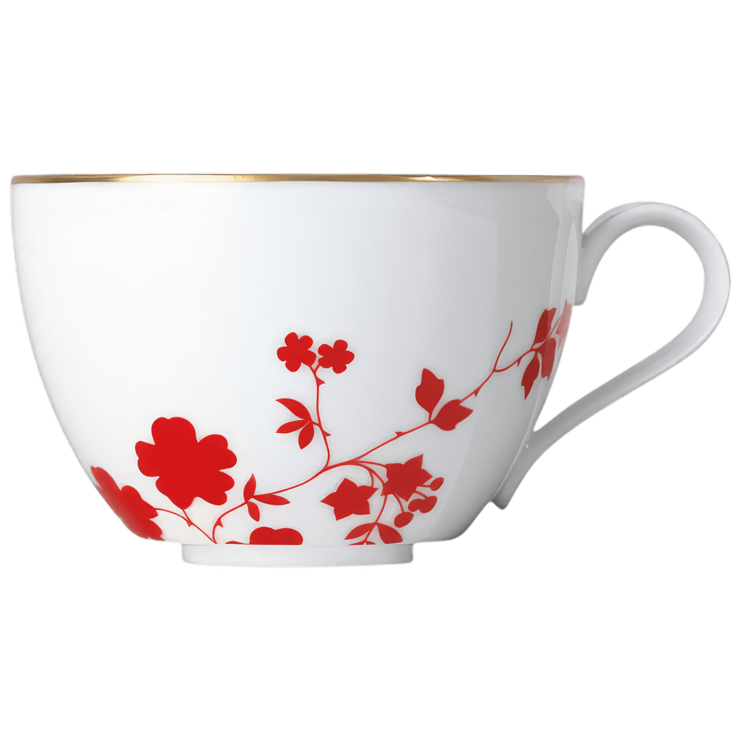 Weiße Tasse mit rotem Blumendekor, goldener Rand; seitliche Ansicht. Fürstenberg Porzellan.