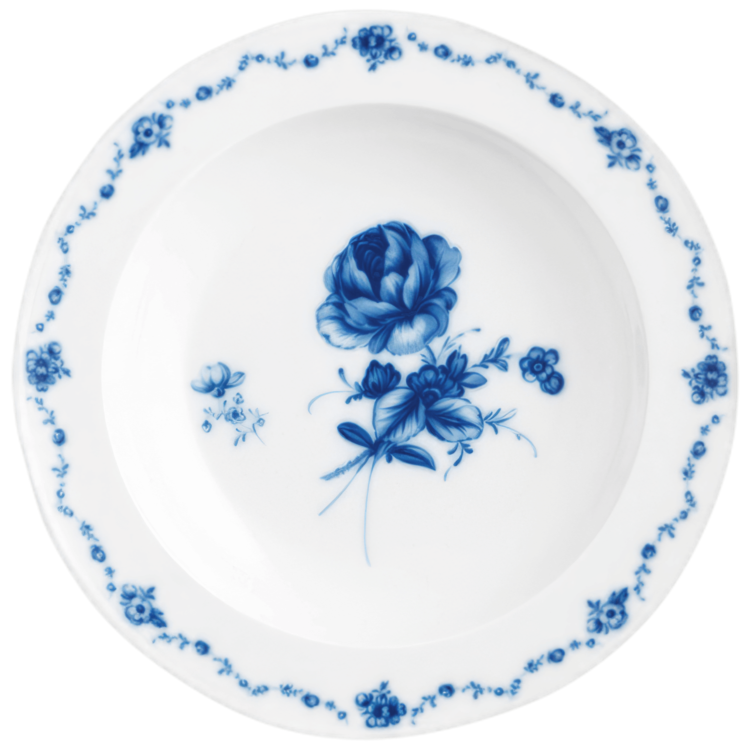 Weißer Teller mit blauen Blumenmustern, zentral große Blume, ornamentierter Rand. Fürstenberg Porzellan.