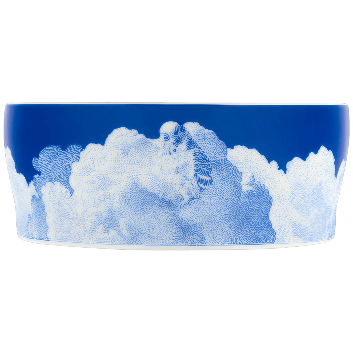 Weiße Schale mit wolkenartigem Muster auf blauem Hintergrund. Fürstenberg Porzellan.