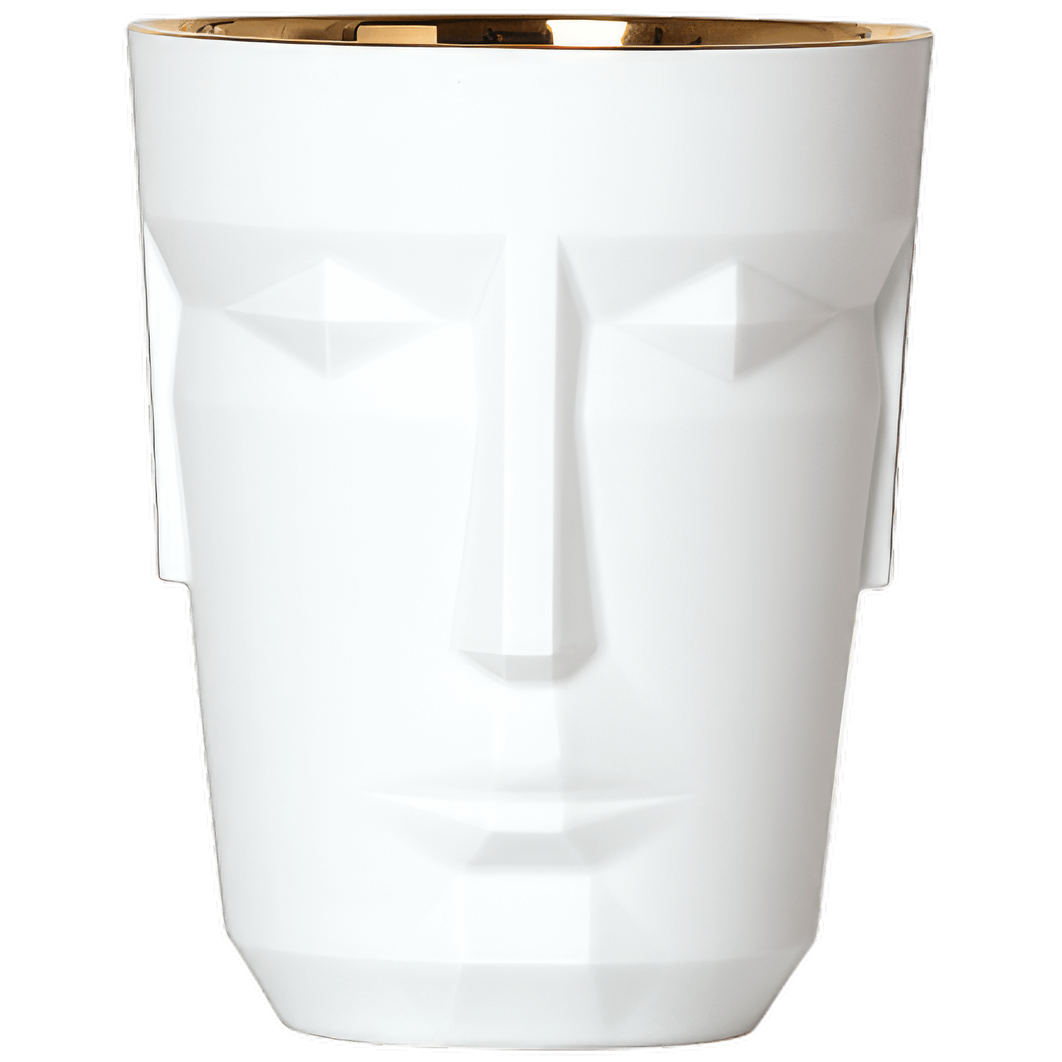 Weiße Tasse mit stilisiertem Gesicht und goldener Randverzierung. Fürstenberg Porzellan.