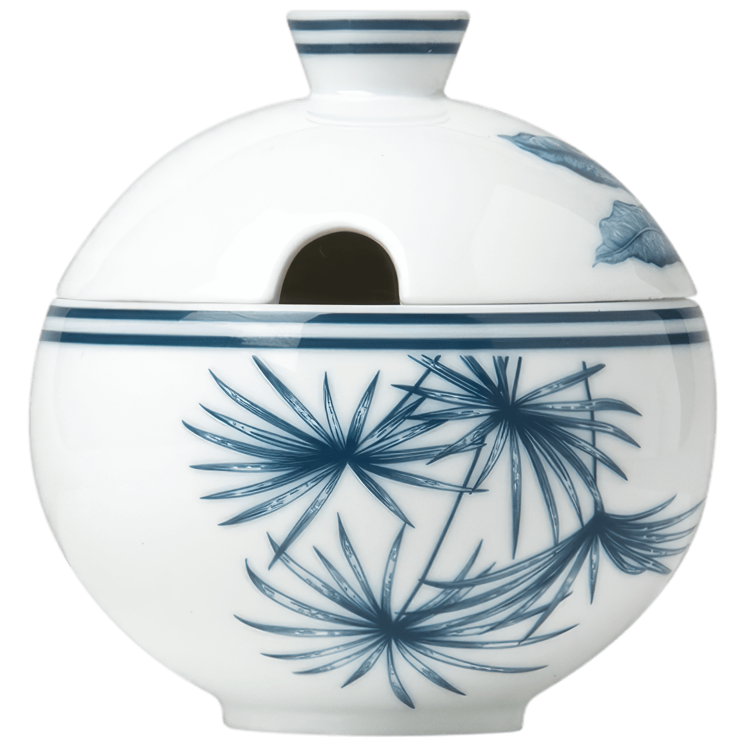 Weiße Porzellanteekanne mit blauer botanischer Verzierung, runde Form. Fürstenberg Porzellan.