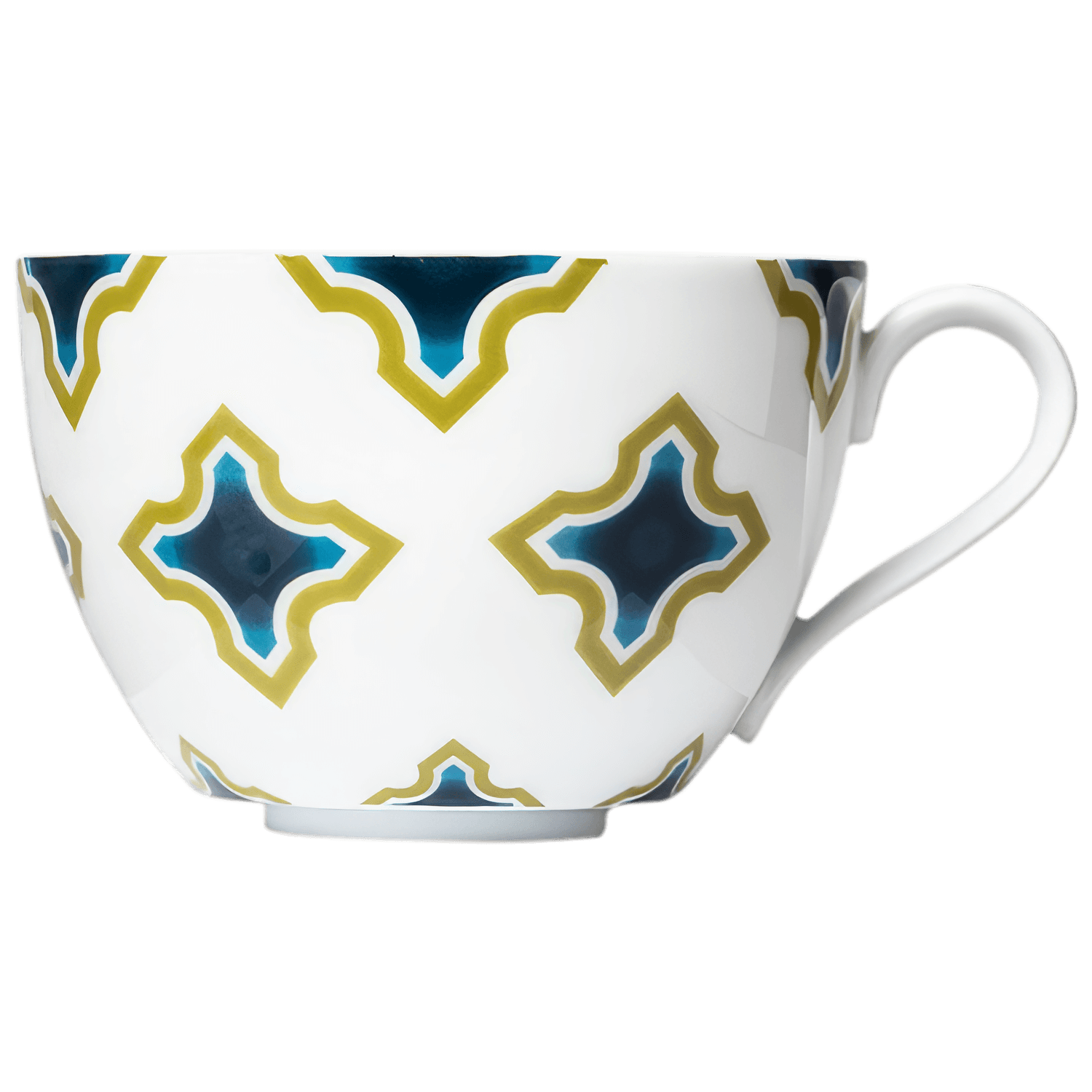 Tasse mit blau-goldenem Rautenmuster vor weißem Hintergrund. Fürstenberg Porzellan.