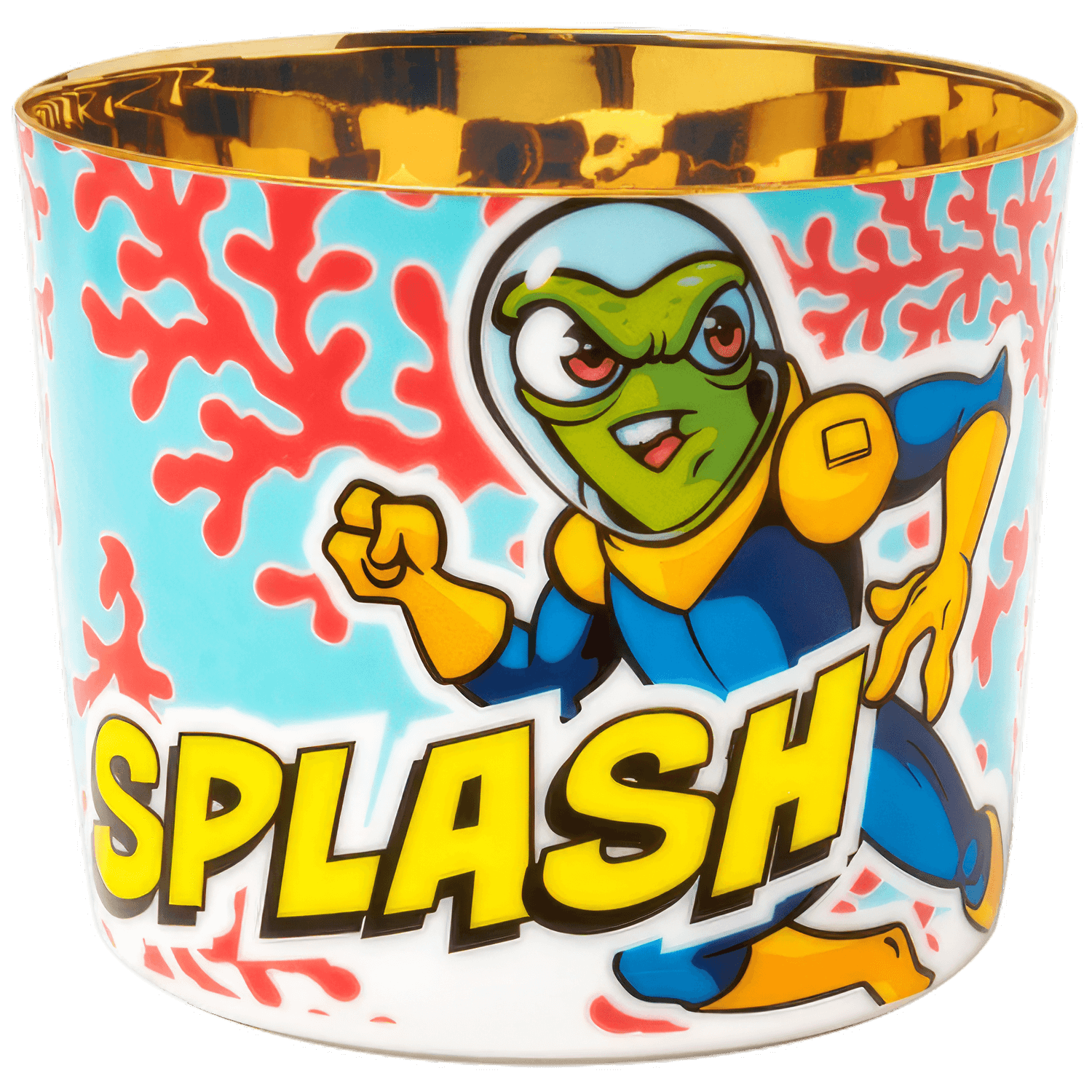 Becher mit Comicfigur, Korallen-Muster, goldener Rand, Text "SPLASH". Fürstenberg Porzellan.