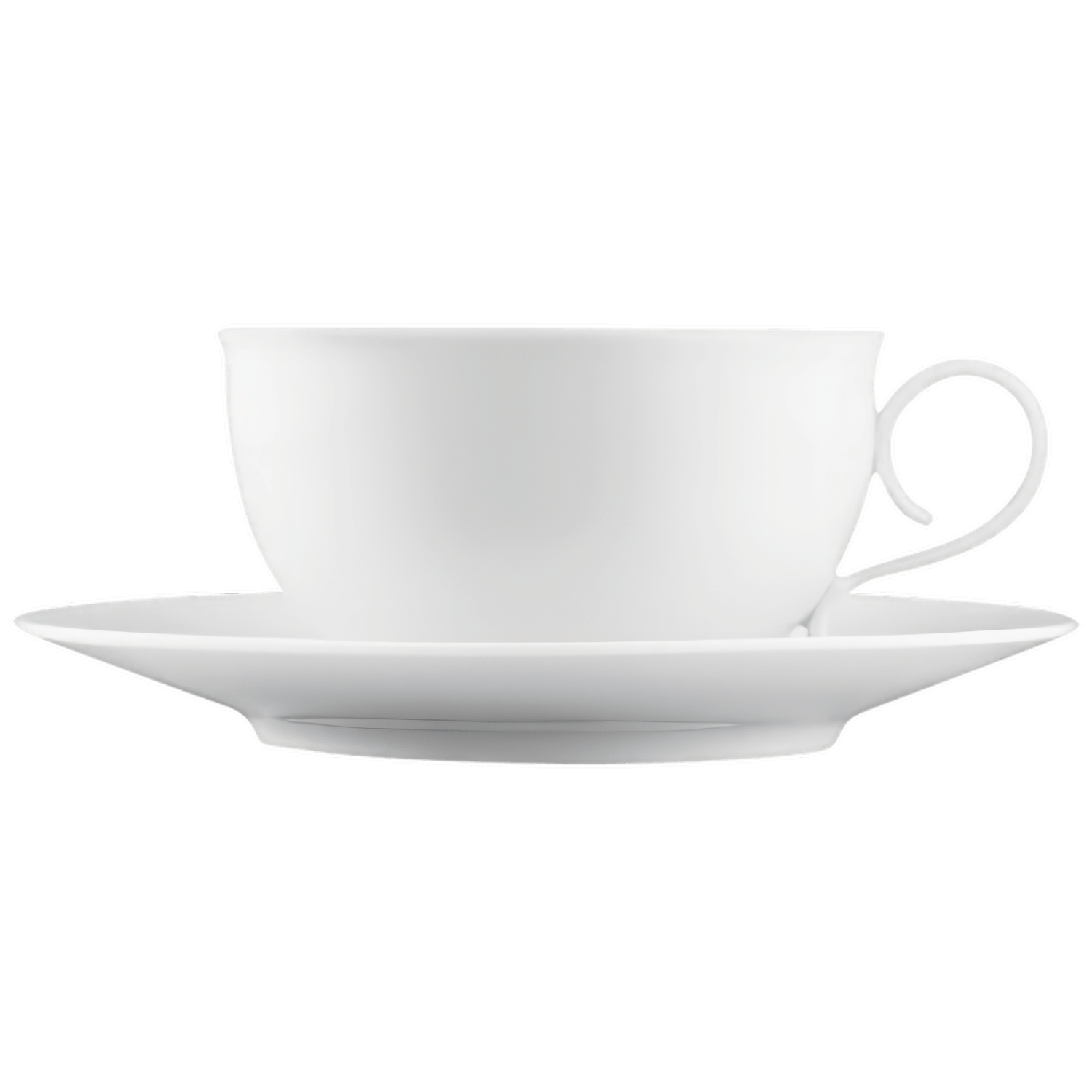 Weiße Teetasse mit Untertasse, auf schwarzem Hintergrund platziert. Fürstenberg Porzellan.
