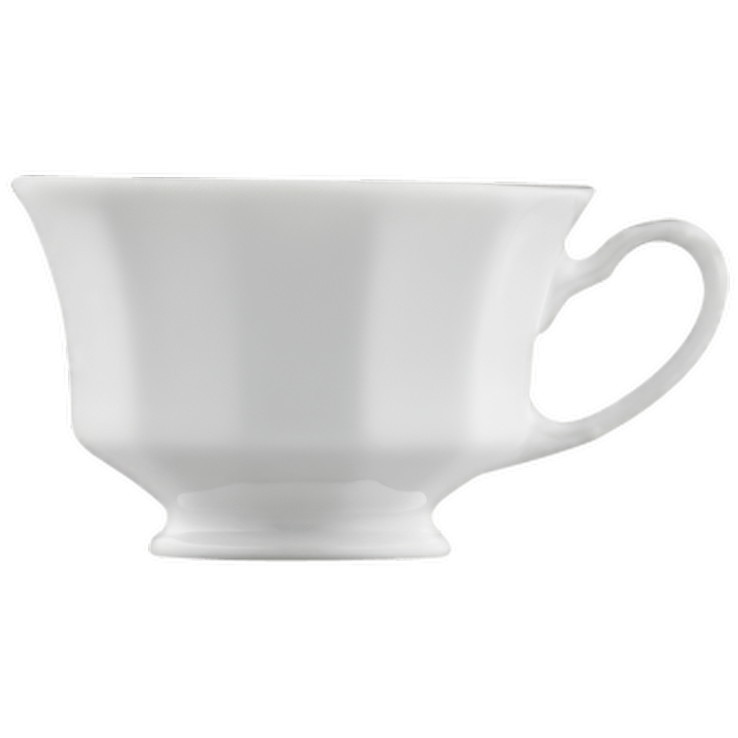 Weiße Teetasse mit geschwungenem Henkel; steht auf dunklem Hintergrund. Fürstenberg Porzellan.