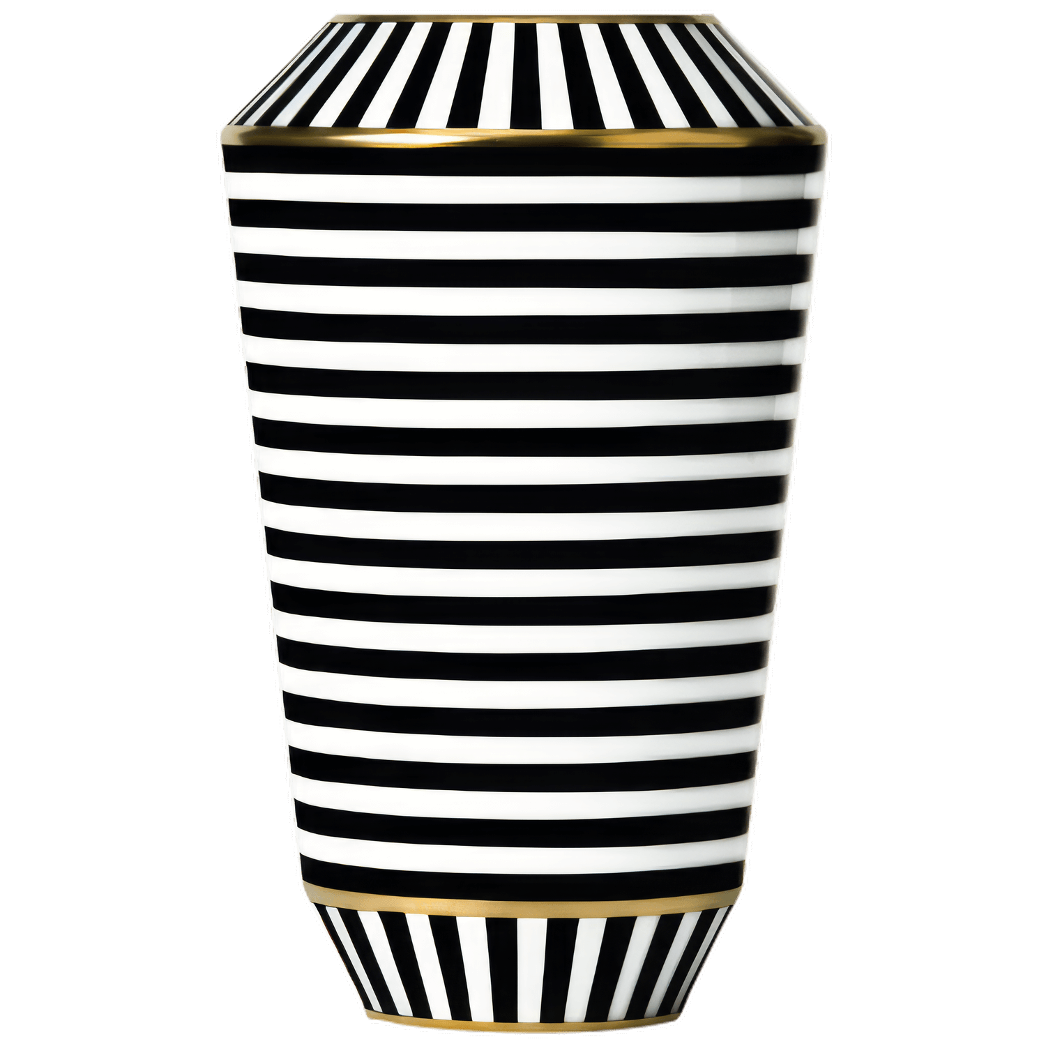 Schwarz-weiß gestreifte Vase mit goldenen Akzenten, aufrecht stehend. Fürstenberg Porzellan.