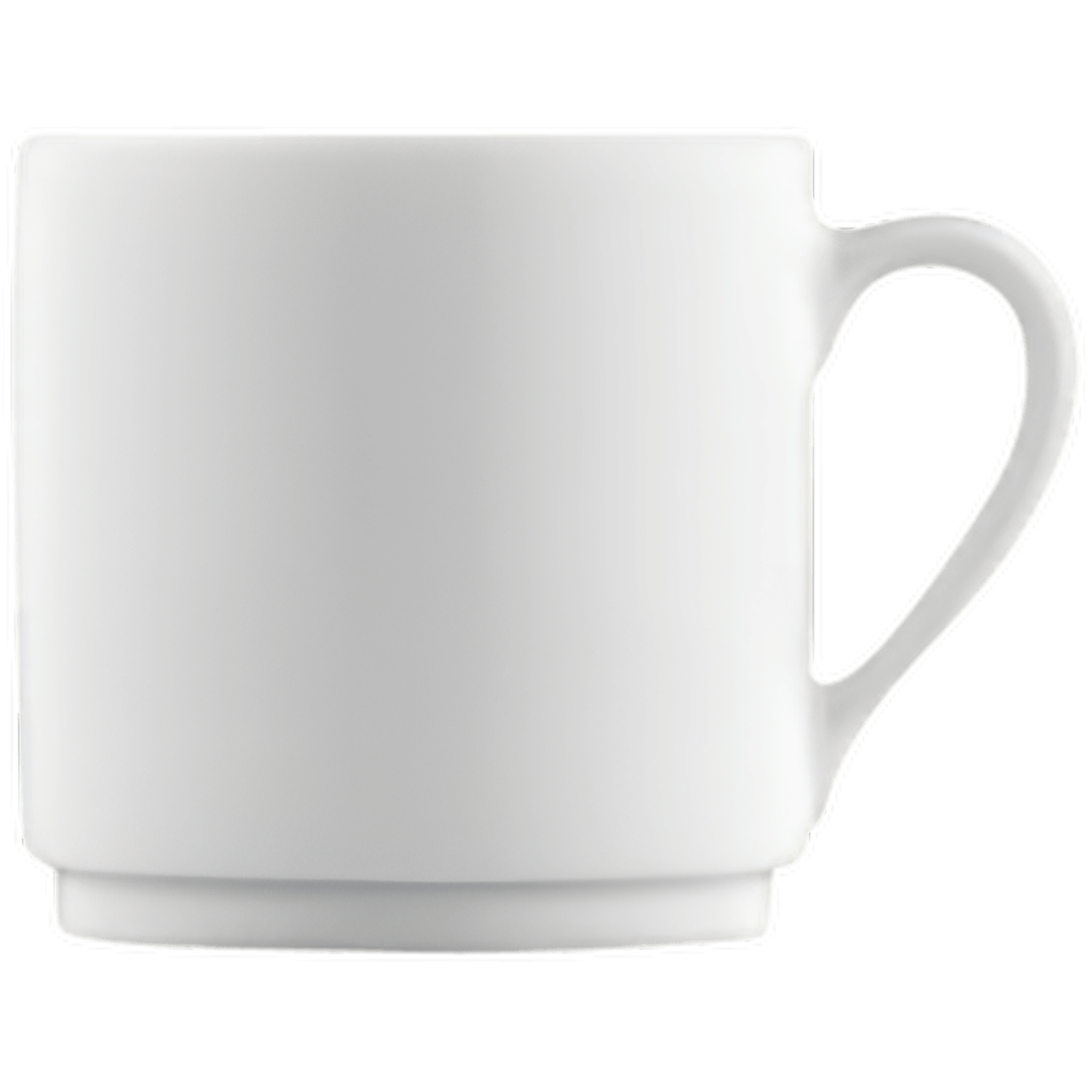 Weiße Tasse steht auf weißem Hintergrund, schlichtes Design. Fürstenberg Porzellan.