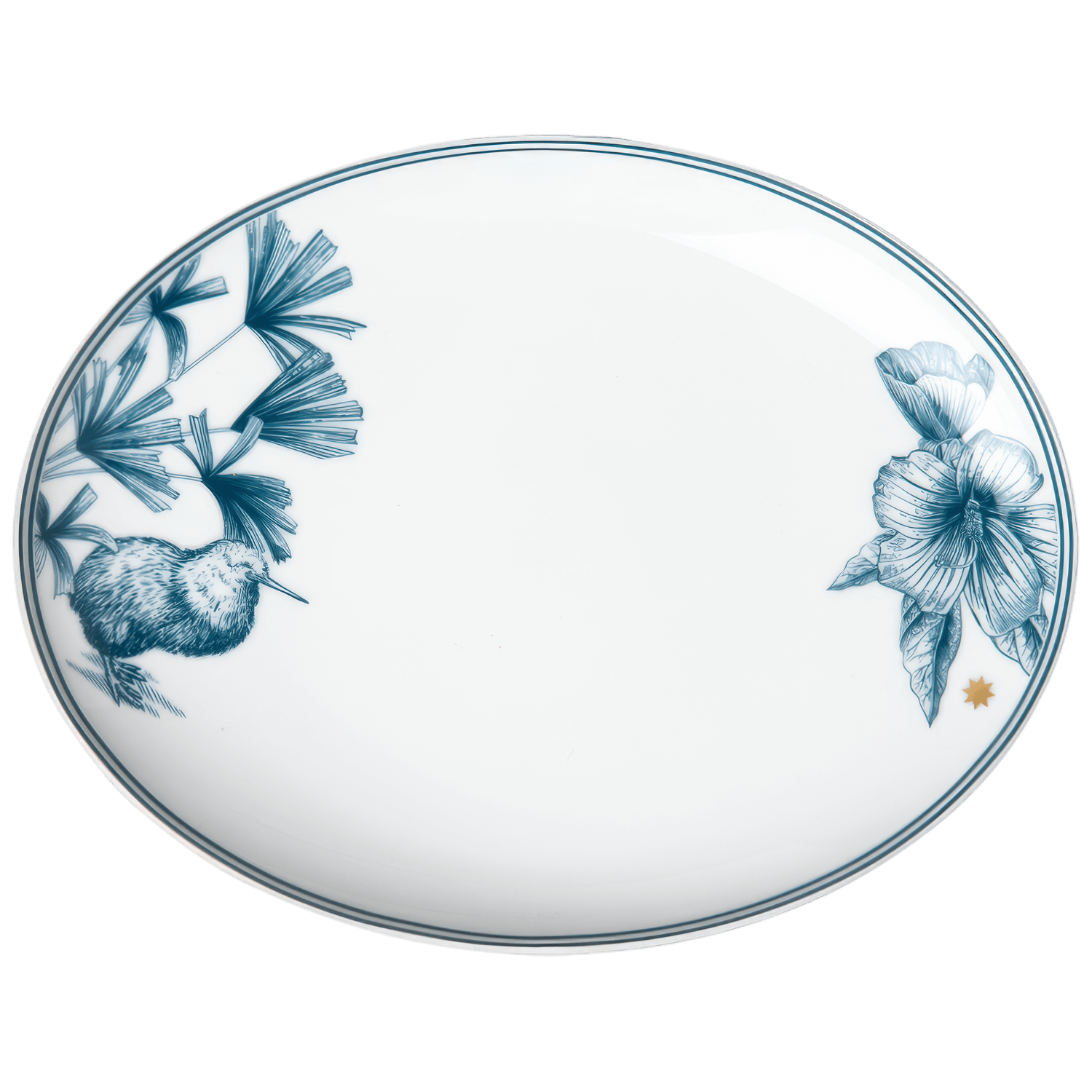 Ovale Porzellanplatte mit blauem Kiwi- und Blumenmotiv auf weißem Hintergrund. Fürstenberg Porzellan.