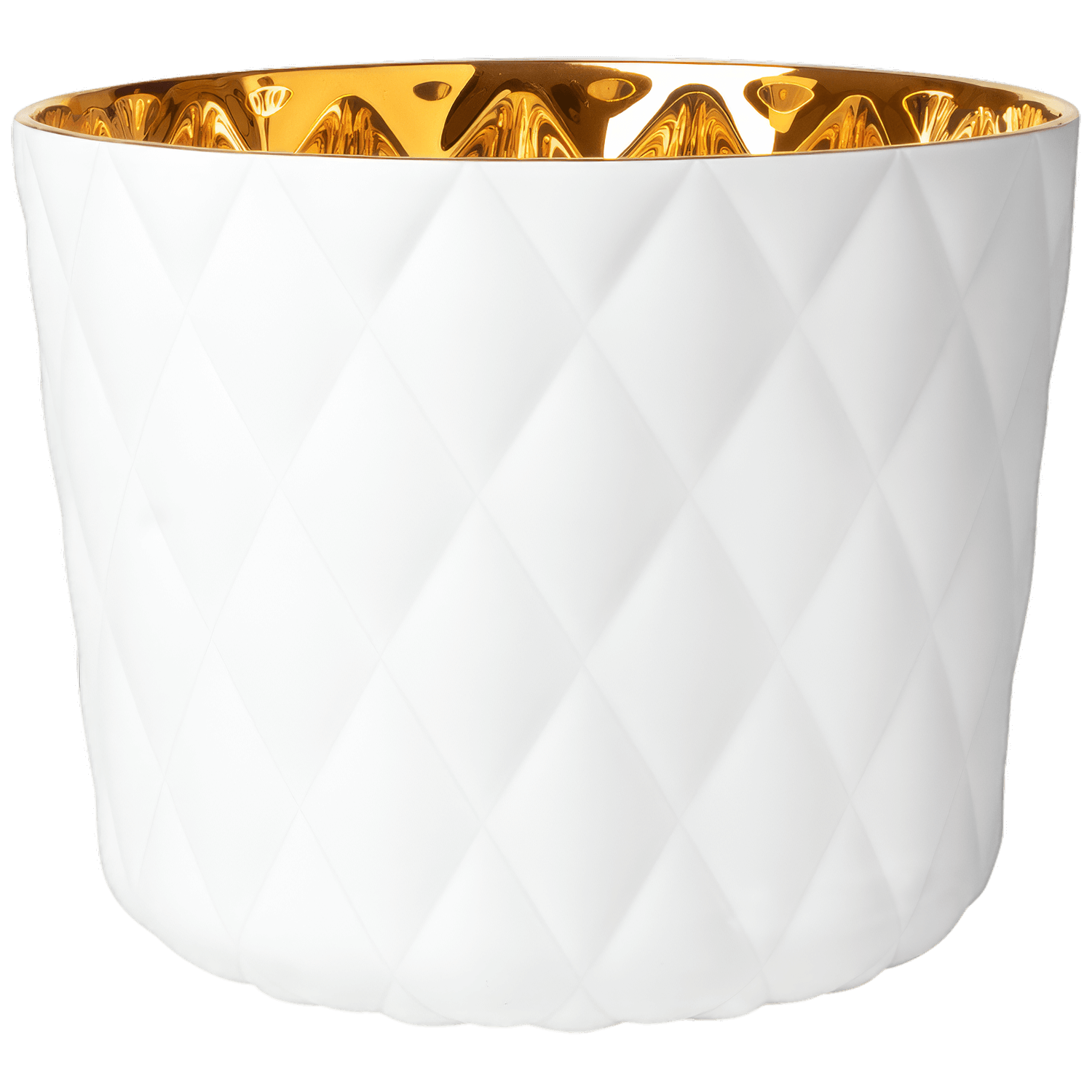 Weiße, runde Porzellanvase mit strukturiertem Muster, innen gold glänzend. Fürstenberg Porzellan.