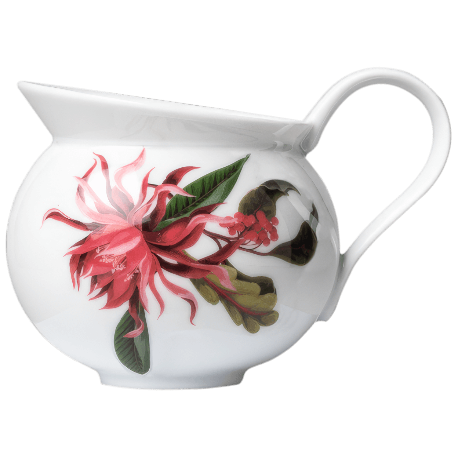 Weiße Kanne mit rotem Blumenmuster, geschwungenem Henkel, auf weißem Hintergrund. Fürstenberg Porzellan.