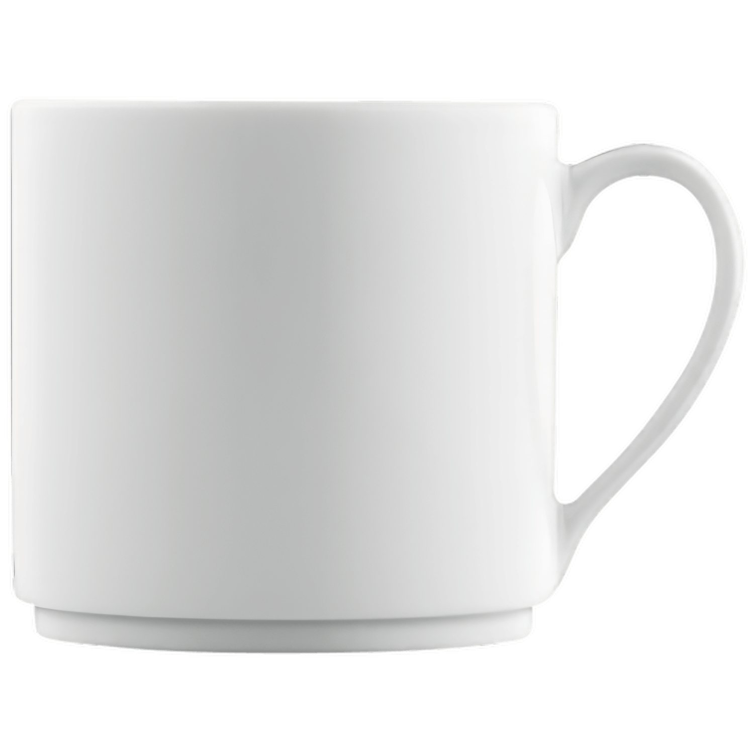 Weiße zylindrische Tasse mit Henkel auf weißem Hintergrund. Fürstenberg Porzellan.