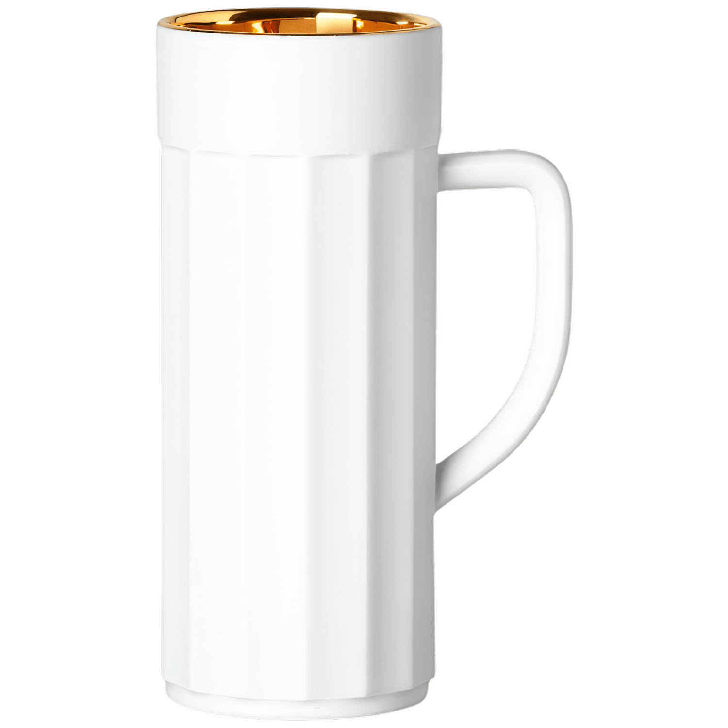 Weiße, hochkantige Tasse mit Griff, goldene Veredelung innen. Fürstenberg Porzellan.