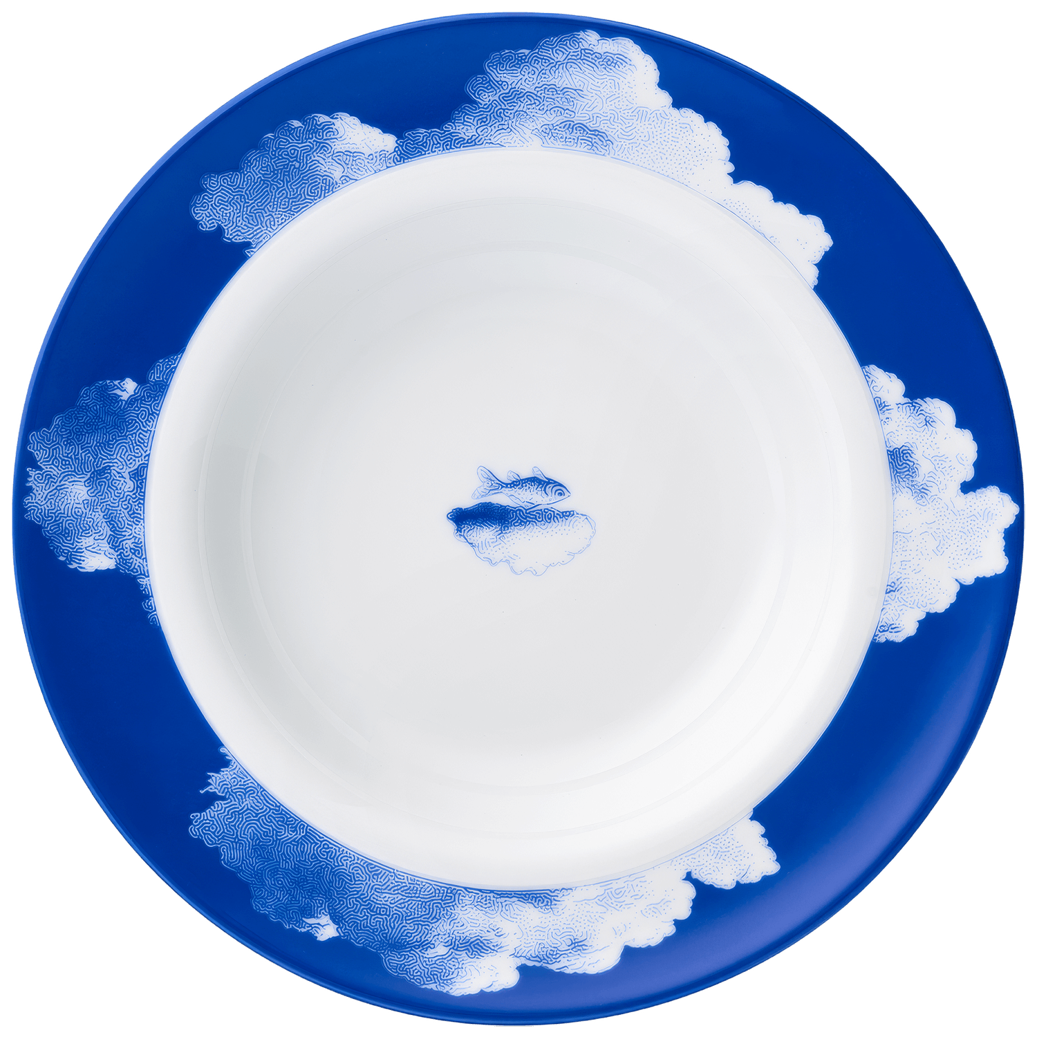 Weiß-blaue Porzellanschüssel mit Wolkenmotiv auf blauem Rand, dekorativ gestaltet. Fürstenberg Porzellan.