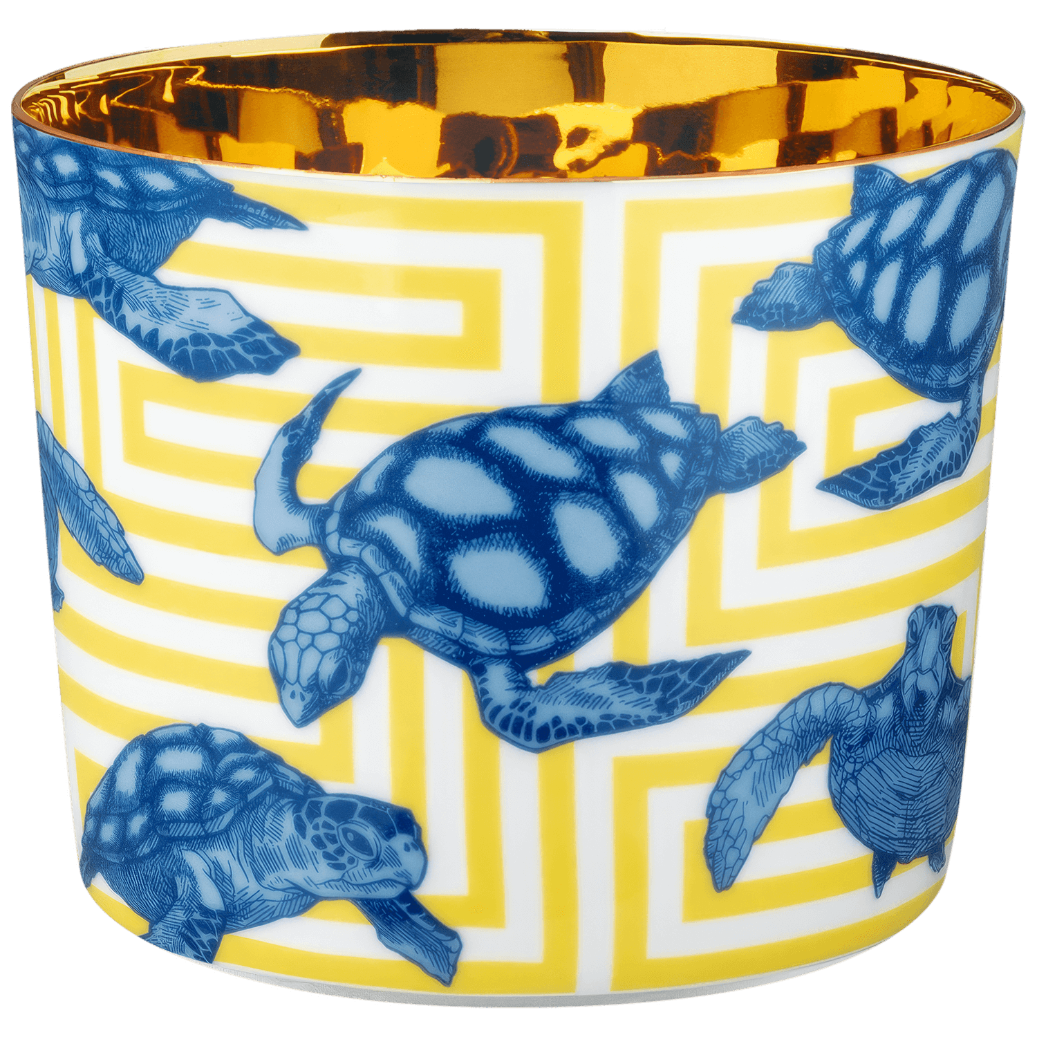 Bunte Vase mit blauen Schildkrötenmustern auf gelbem Hintergrund, glänzend goldene Innenseite. Fürstenberg Porzellan.