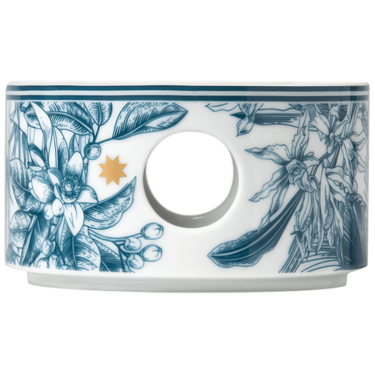 Weiße Stövchen mit blauen Blattmustern und runder Öffnung, goldener Stern. Fürstenberg Porzellan.