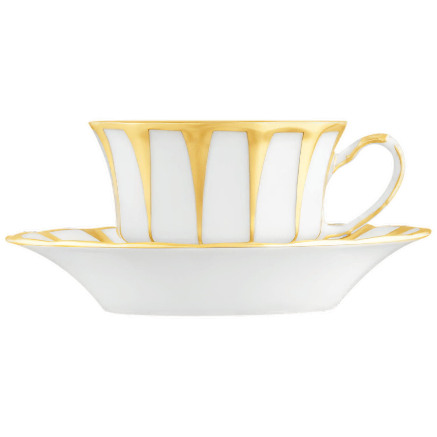 Weiße Porzellantasse mit goldenen Streifen und passender Untertasse. Fürstenberg Porzellan.