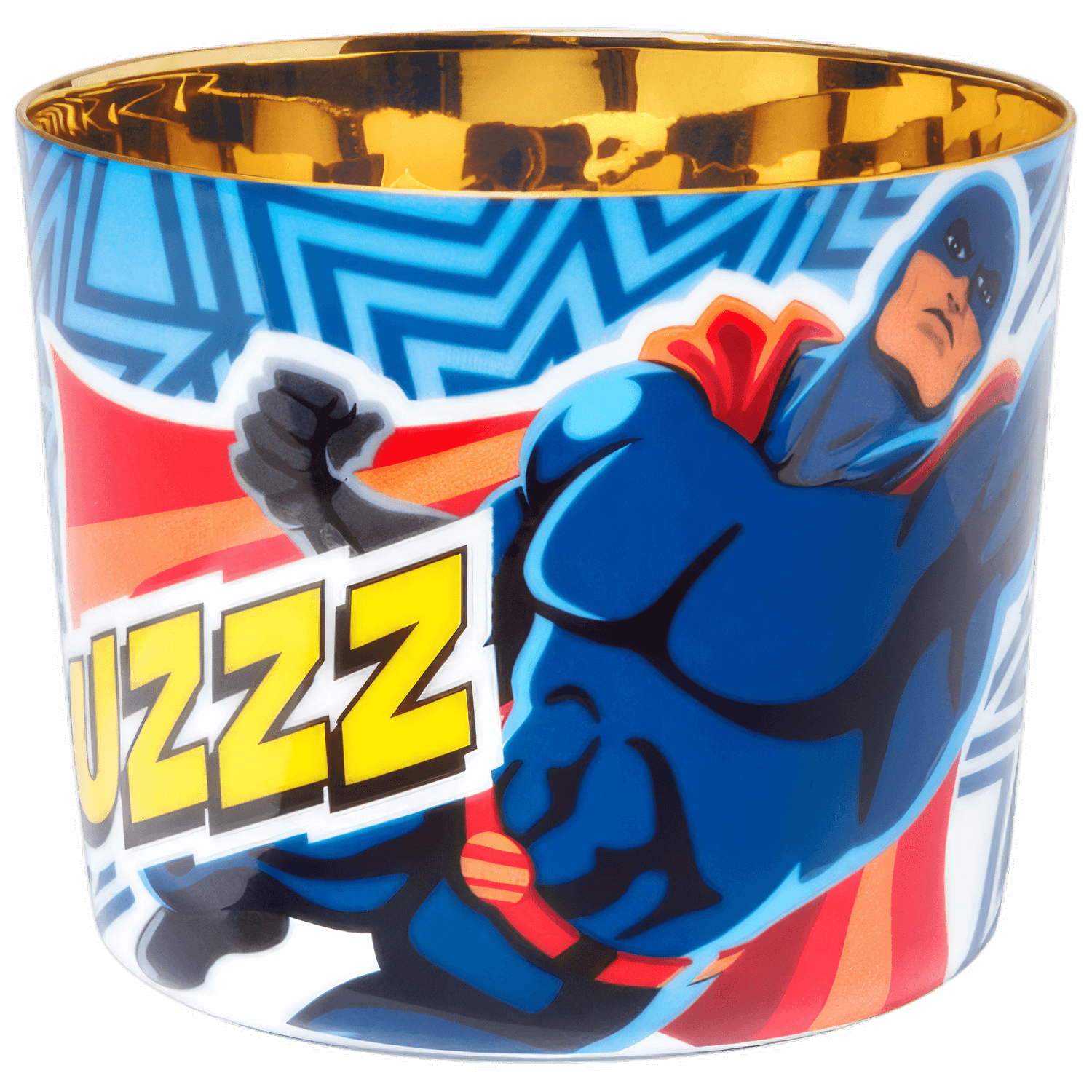 Bunter Porzellanbecher mit Superheldenmotiv und Text "BUZZZ", innen gold. Fürstenberg Porzellan.