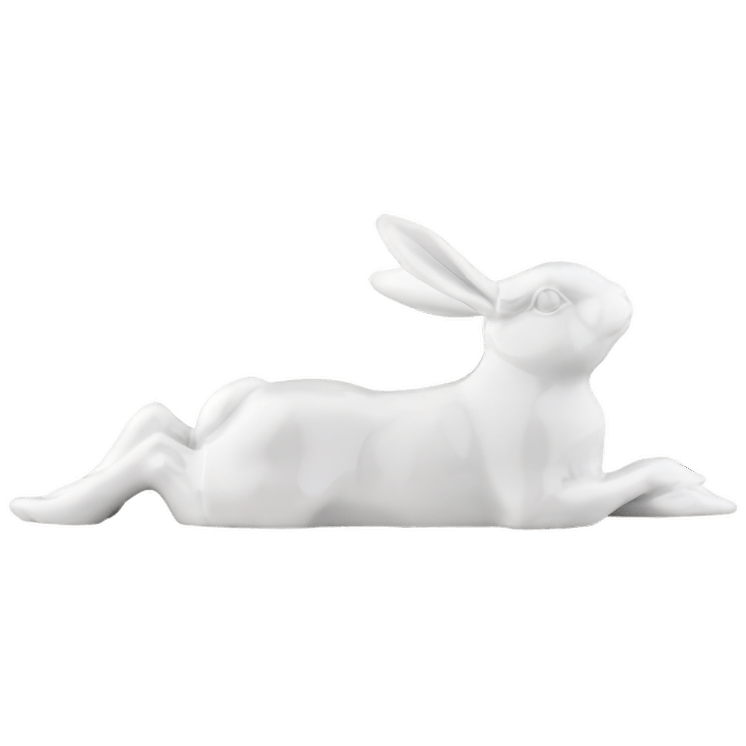 Weiße Porzellanfigur eines liegenden Hasen in entspannter Pose. Fürstenberg Porzellan.
