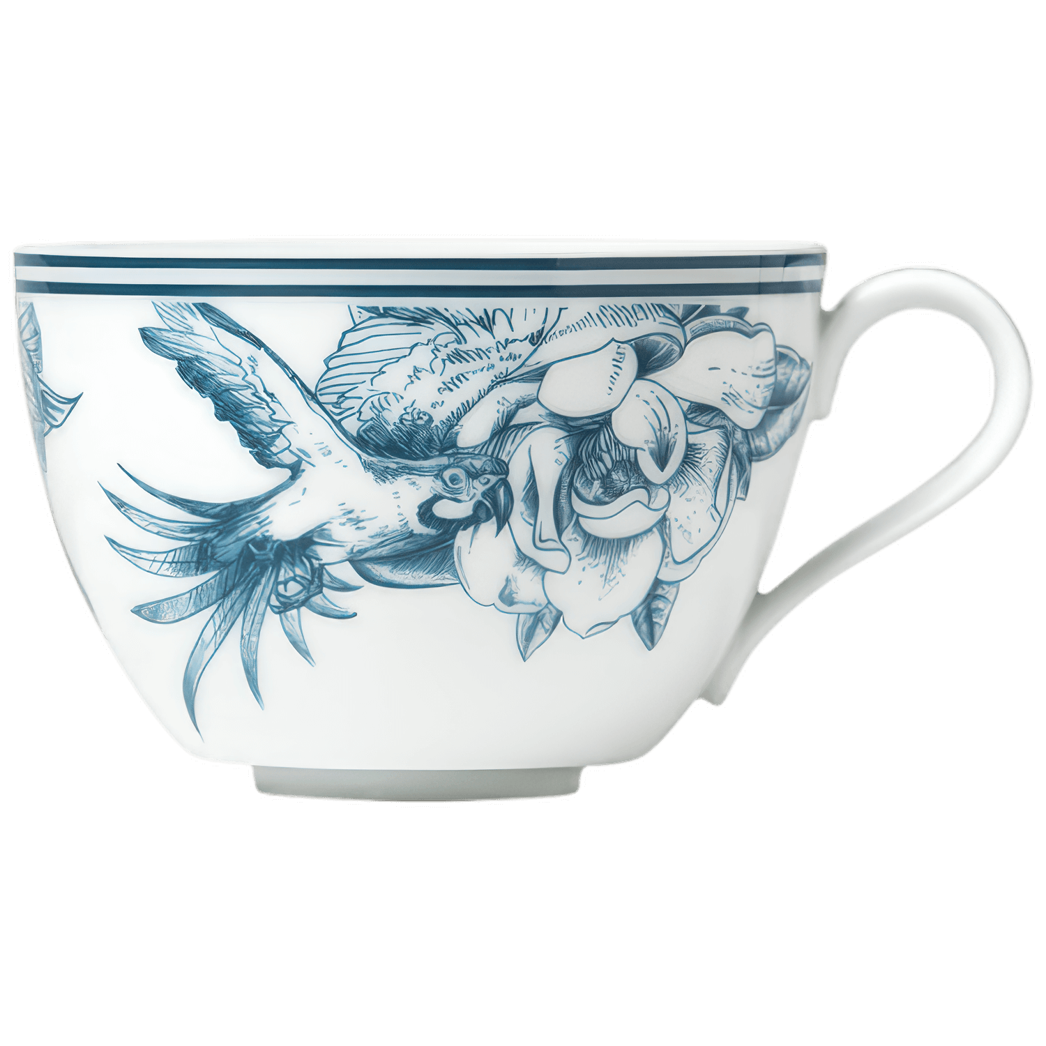 Porzellantasse mit blauem Vogel- und Blumenmotiv im klassischen Design. Fürstenberg Porzellan.