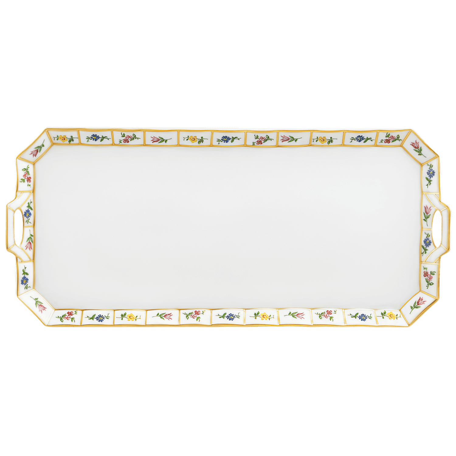 Rechteckiges Tablett mit goldfarbenem Rand, dekoriert mit bunten Blumenmotiven. Fürstenberg Porzellan.