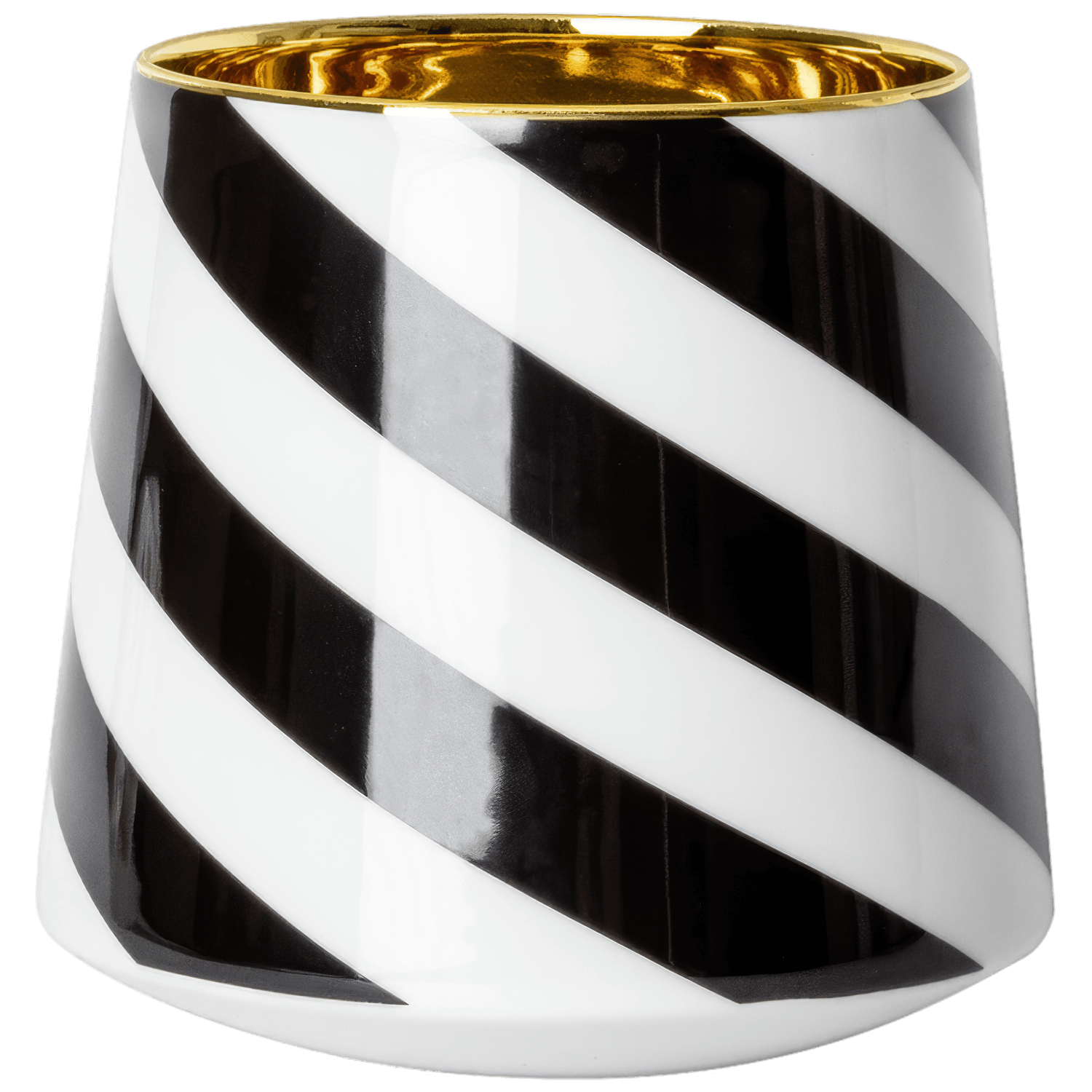 Becher mit schwarz-weißen diagonalen Streifen und goldener Innenfläche. Fürstenberg Porzellan.