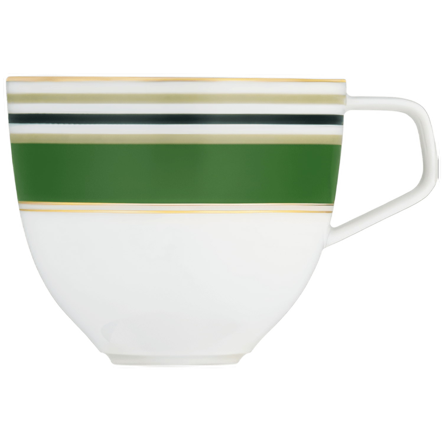 Weiße Tasse mit grünem Streifenmuster, ruhend auf weißem Hintergrund. Fürstenberg Porzellan.