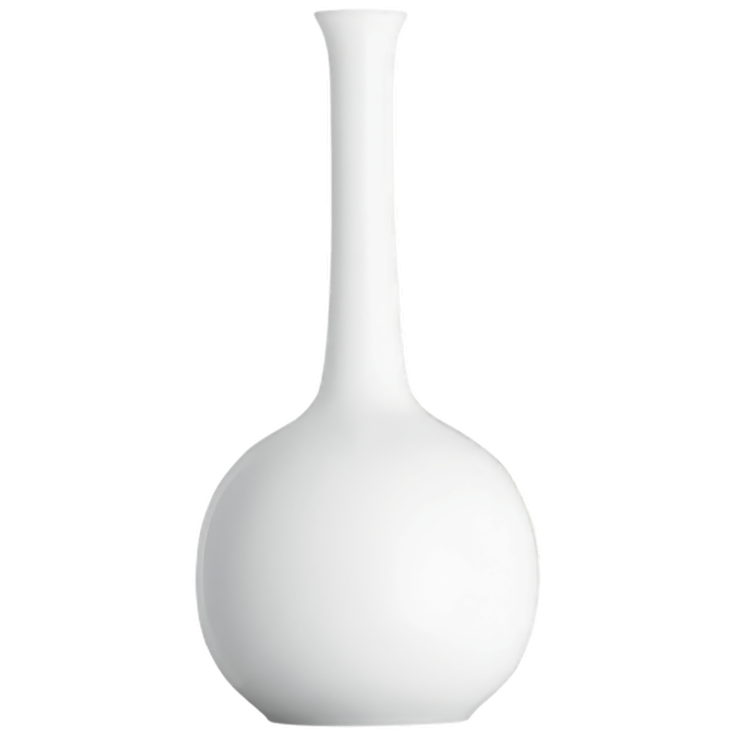 Weiße, minimalistische Porzellanvase mit langem Hals auf weißem Hintergrund. Fürstenberg Porzellan.