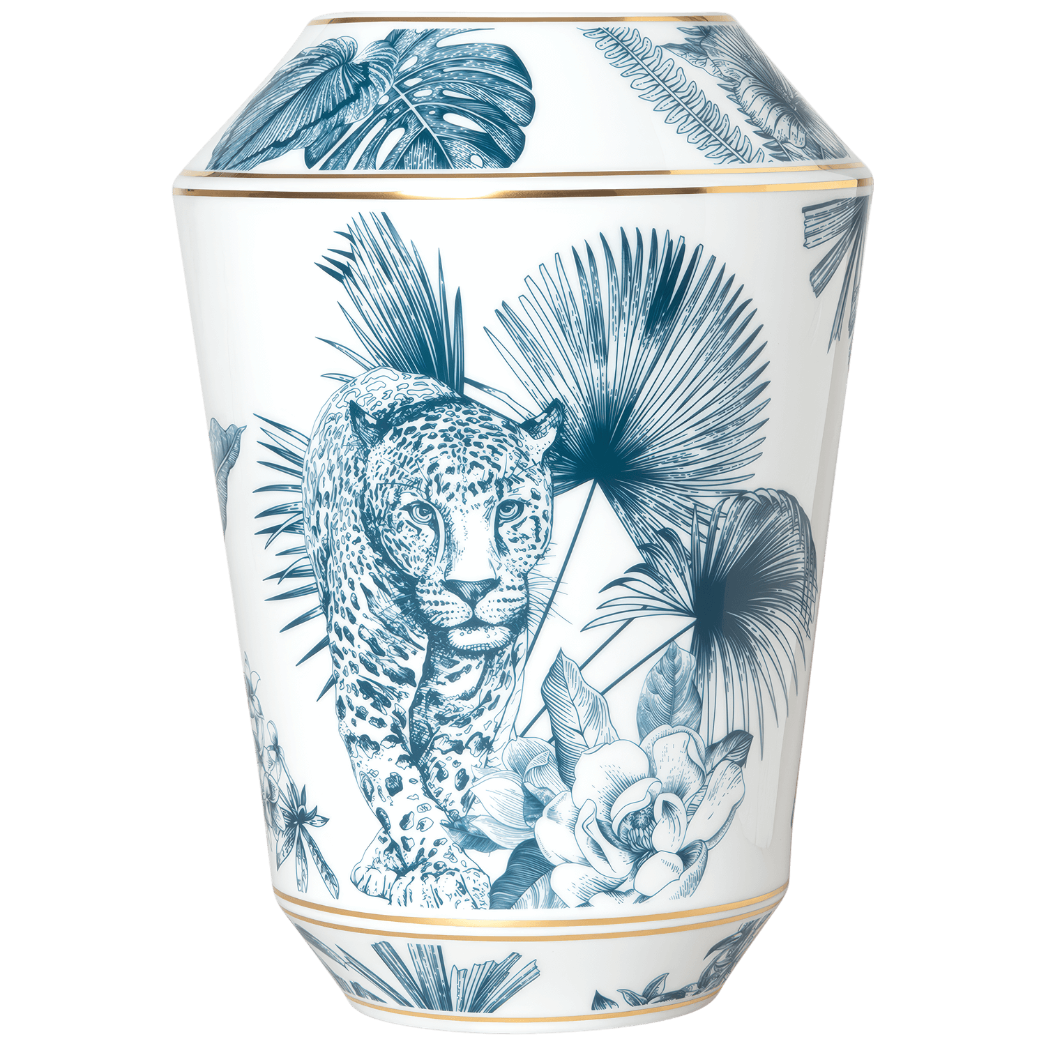 Porzellanvase mit blauem Leopardenmotiv, Pflanzen, goldenen Rändern dekoriert. Fürstenberg Porzellan.