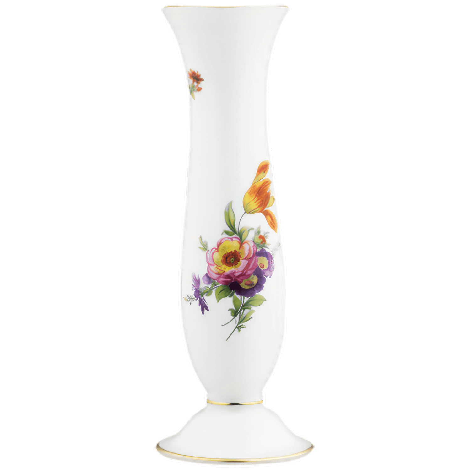 Weiße Porzellanvase mit handgemalten bunten Blumenmotiven, Goldakzenten. Fürstenberg Porzellan.