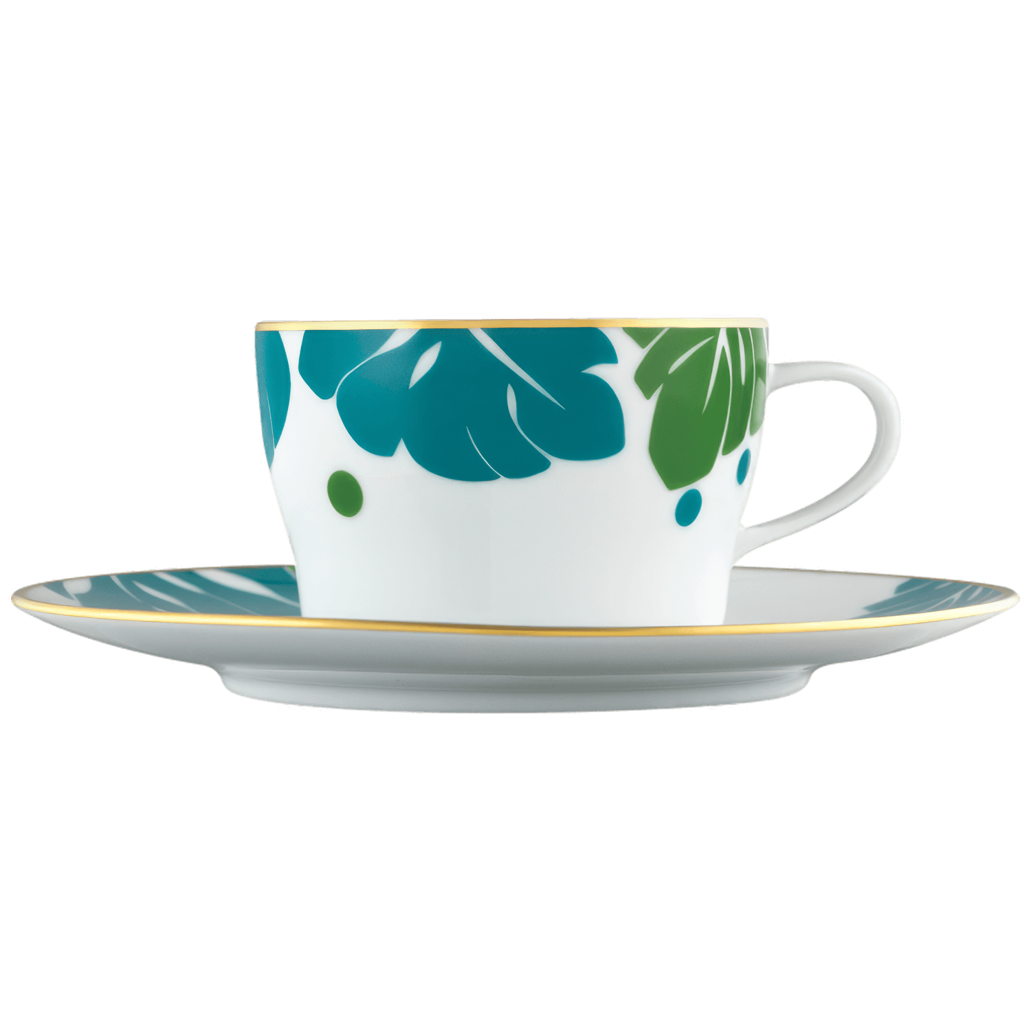 Weiße Porzellantasse mit blau-grünen Blättern auf passender Untertasse. Fürstenberg Porzellan.