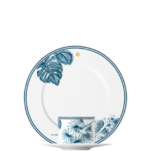 Teller und Tasse mit blauen tropischen Mustern und Pflanzenmotiven. Fürstenberg Porzellan.