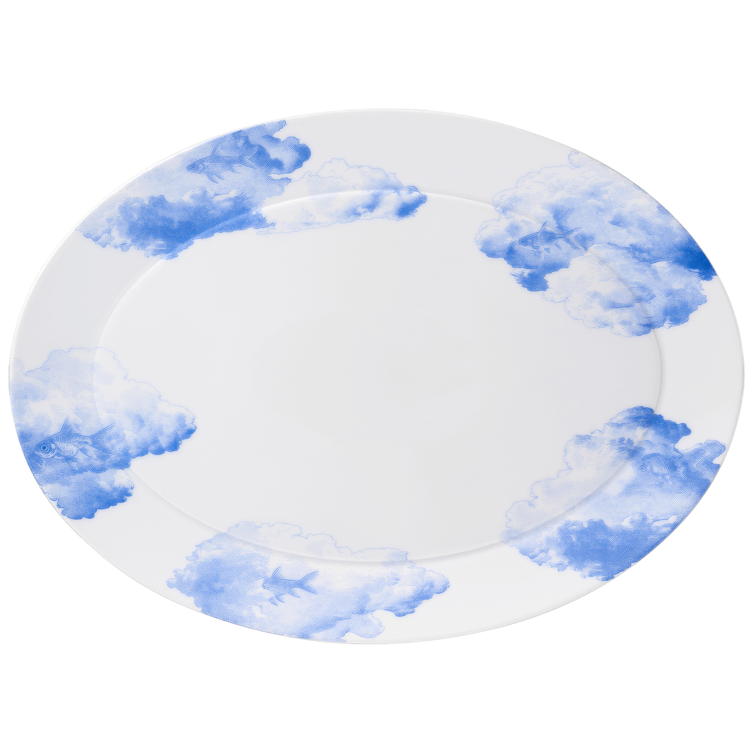 Weißer Porzellanteller mit blauen Wolkenmotiven am Rand. Fürstenberg Porzellan.