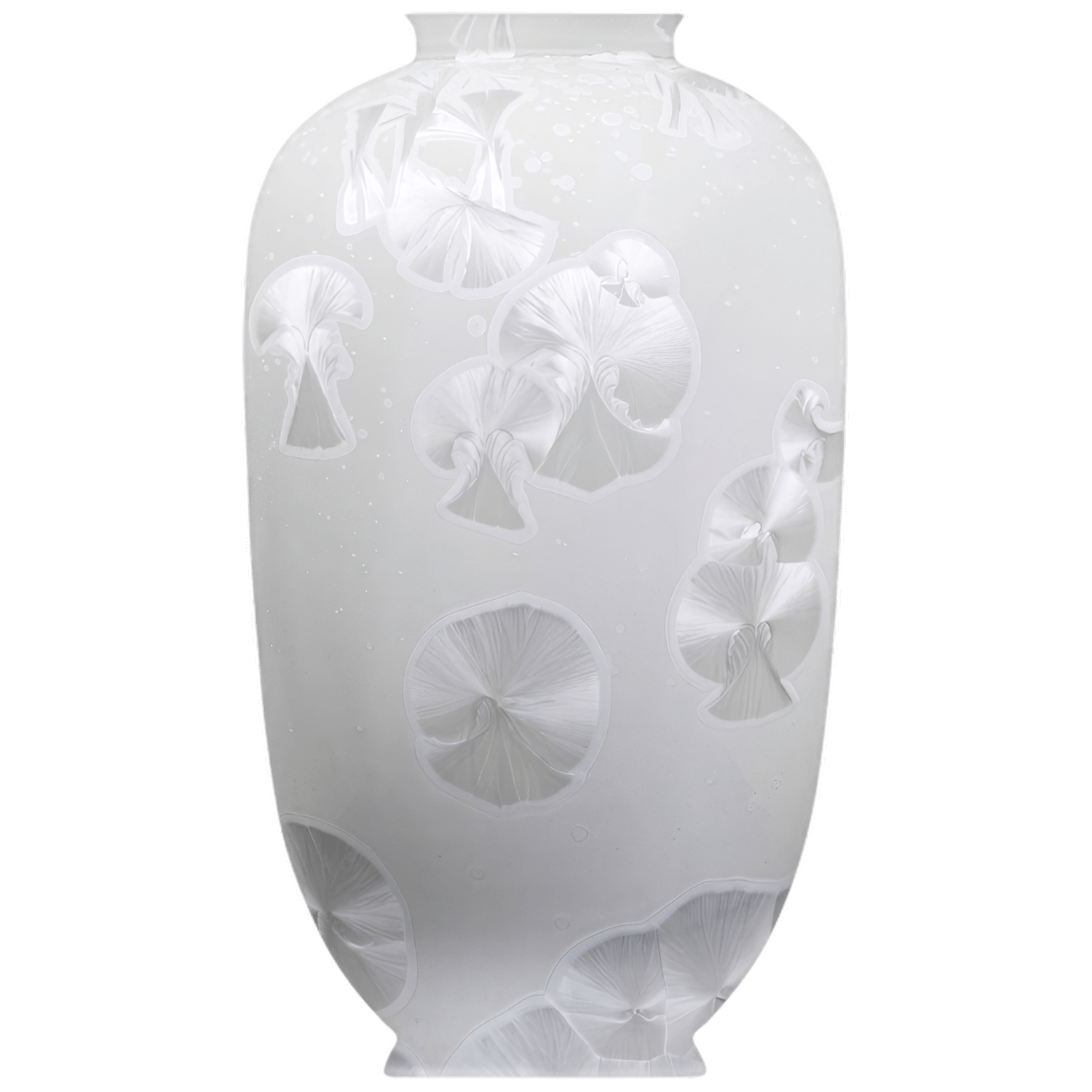 Weiße Porzellanvase mit Kristallglasur und floralen Mustern, zylinderförmig. Fürstenberg Porzellan.