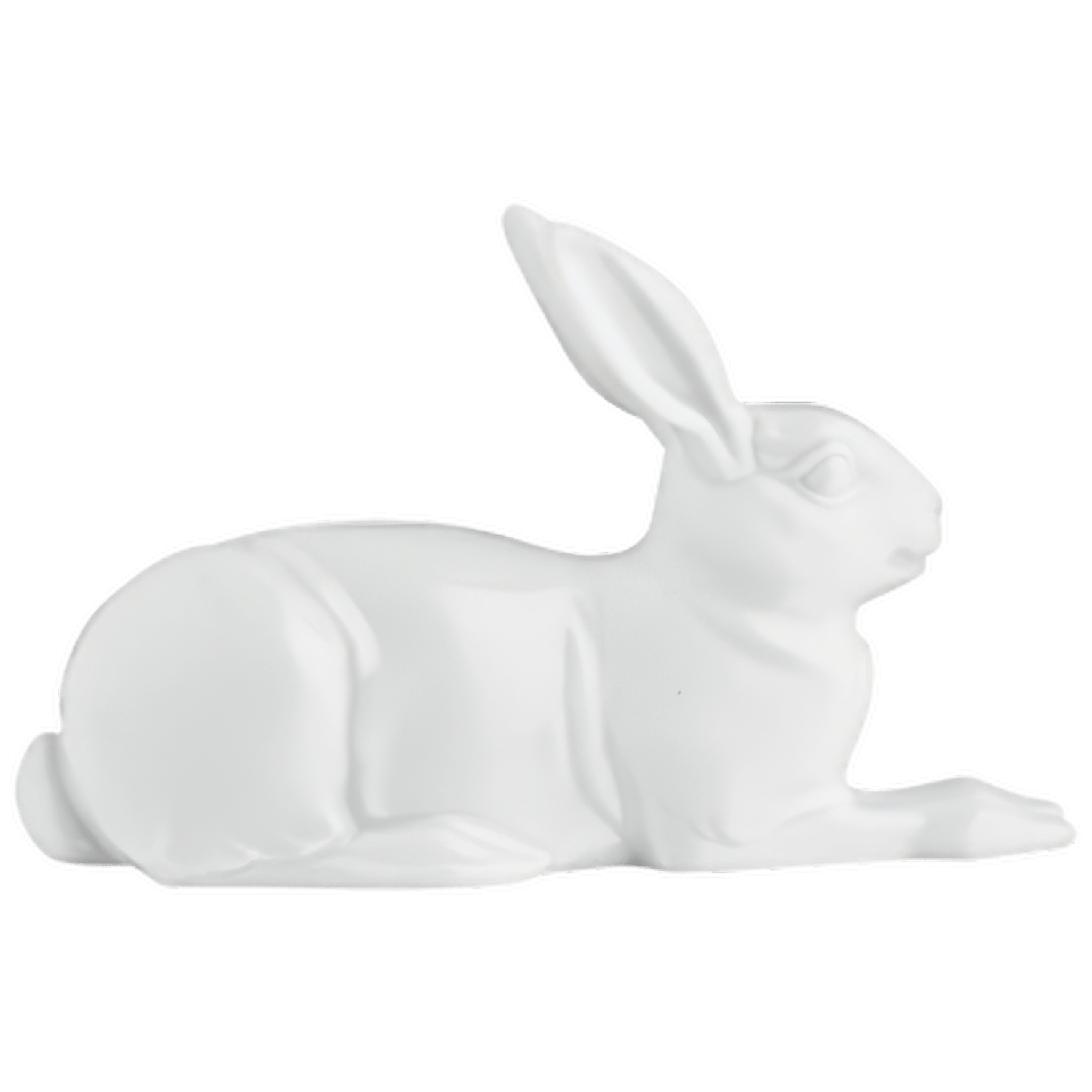 Weißer Porzellan-Hase liegt mit aufgestellten Ohren auf schwarzem Hintergrund. Fürstenberg Porzellan.