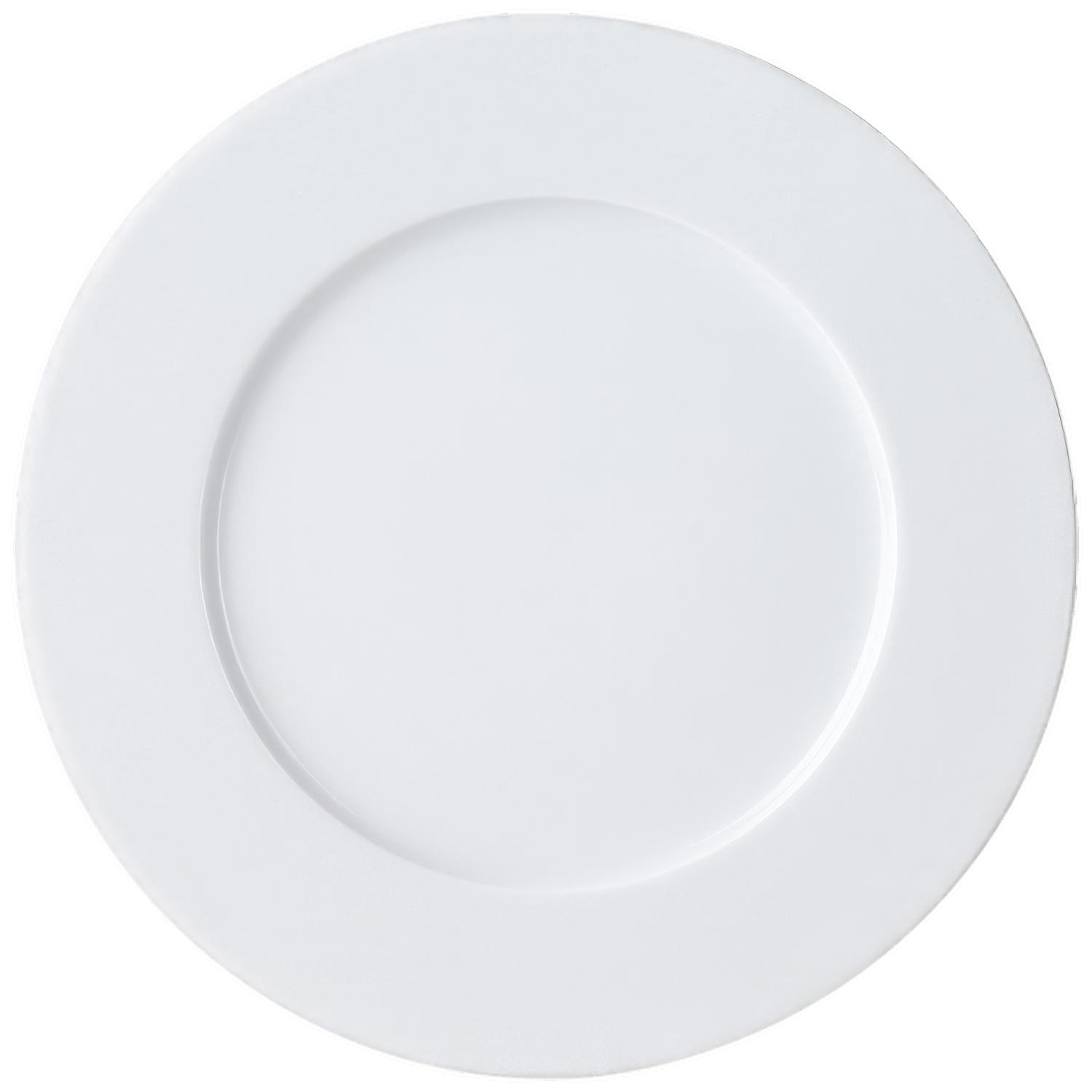 Weißer flacher Porzellanteller schwebt vor schwarzem Hintergrund, minimalistisch präsentiert. Fürstenberg Porzellan.
