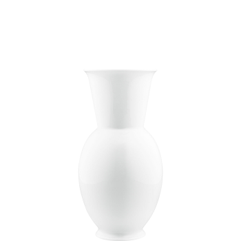 Weiße Porzellanvase steht aufrecht, glatte Oberfläche, vor neutralem Hintergrund. Fürstenberg Porzellan.
