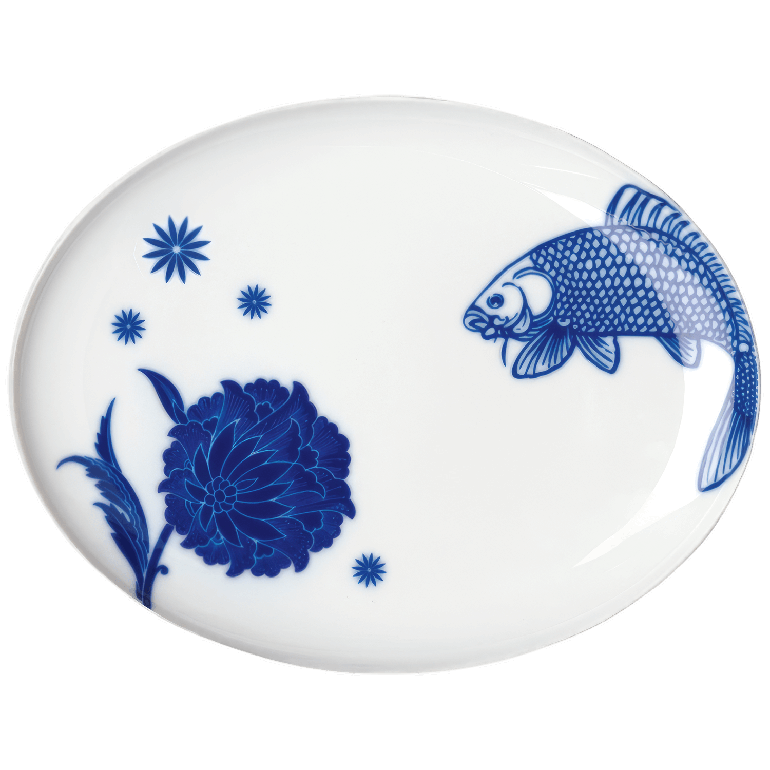 Ovaler weißer Porzellanteller mit blauem Karpfen- und Blumenmotiv. Fürstenberg Porzellan.