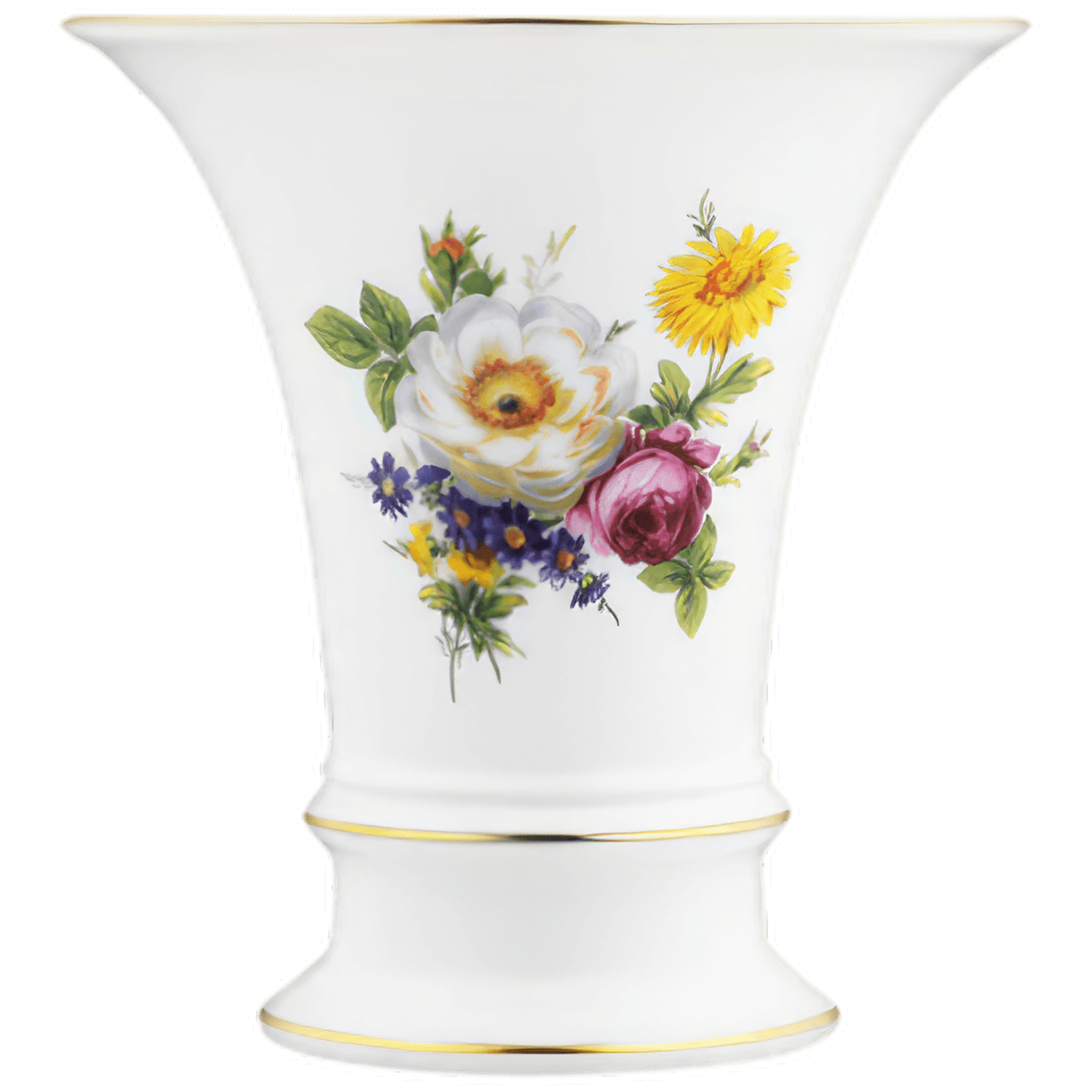 Weiße Vase mit buntem Blumenmuster, goldener Rand auf Ebenholztisch. Fürstenberg Porzellan.