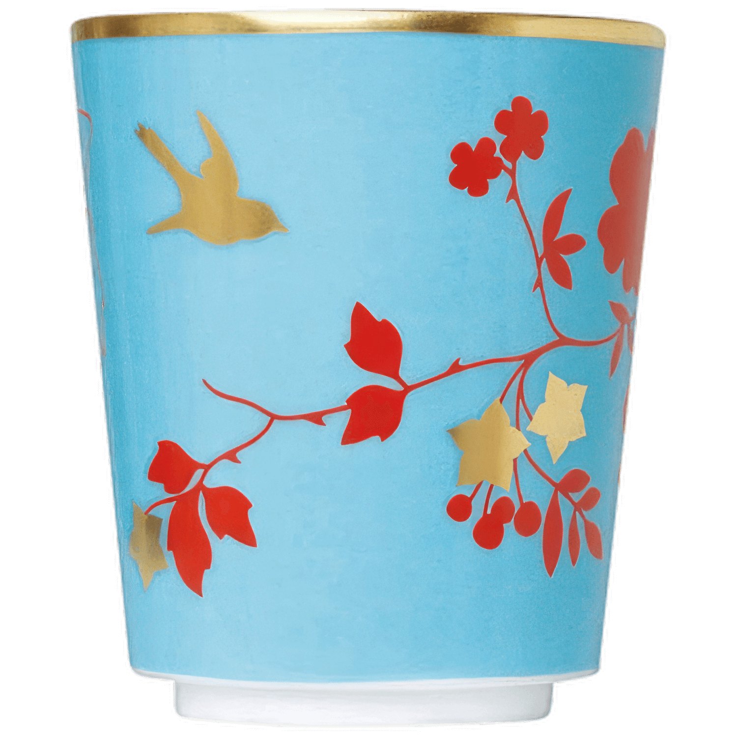 Blauer Becher mit goldener Bordüre, roten Blättern und Vögeln. Fürstenberg Porzellan.