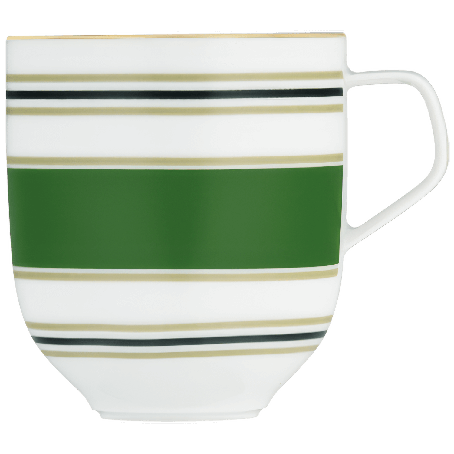 Weiße Tasse mit grünen und goldenen Streifen, seitlich, auf weißem Hintergrund. Fürstenberg Porzellan.